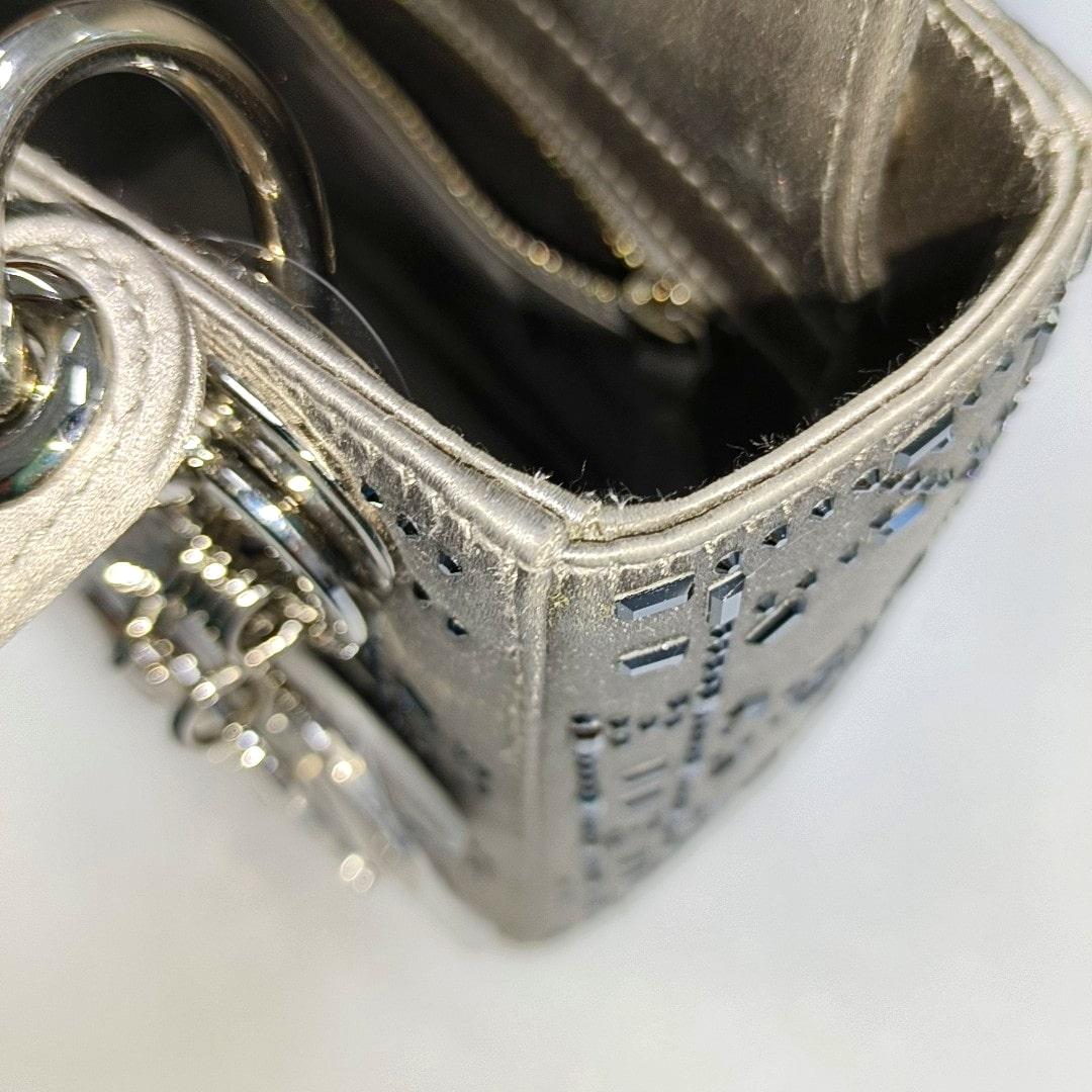 Lady Dior Mini Grey Silk with Crystals Silver Hardware For Sale 4