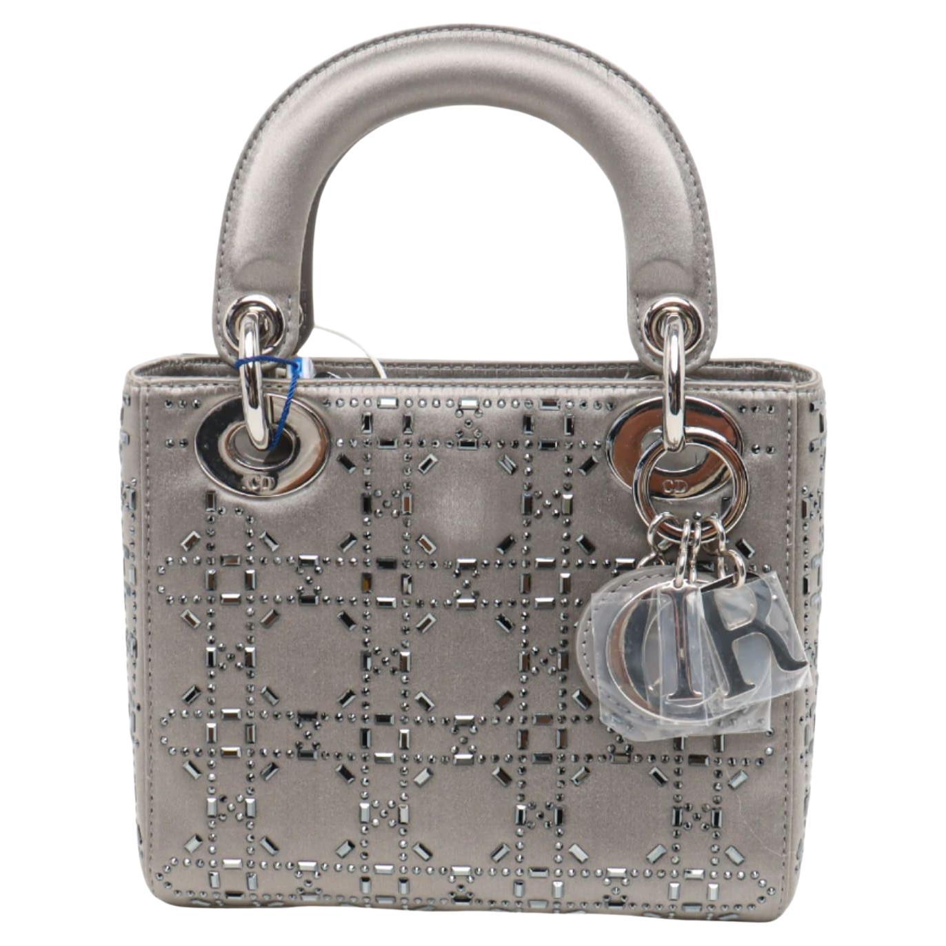 Lady Dior Mini Grey Silk with Crystals Silver Hardware