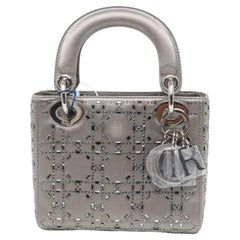 Lady Dior Mini Grey Silk with Crystals Silver Hardware