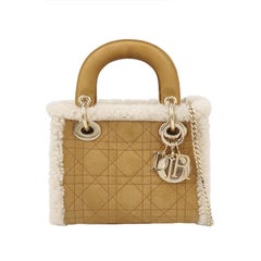 Lady Dior Mini Handbag Brown Leather Shearling Gold Hardware