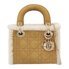 Lady Dior Mini Handbag Brown Leather Shearling Gold Hardware