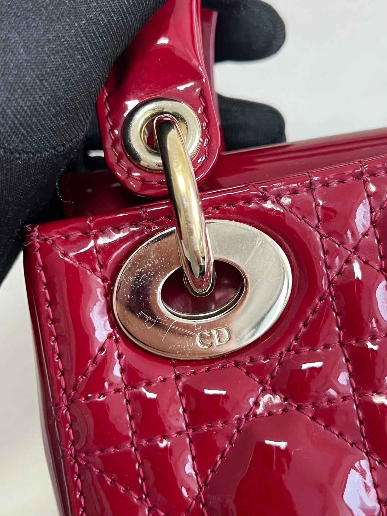 Lady Dior Mini Handbag Burgundy Red Patent Leather Gold-tone Chain Strap 2020 For Sale 7