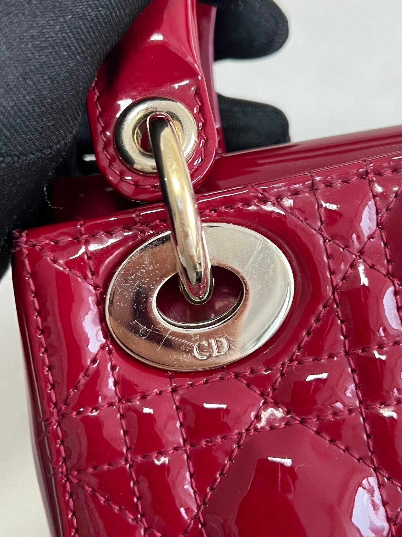 Lady Dior Mini Handbag Burgundy Red Patent Leather Gold-tone Chain Strap 2020 For Sale 8