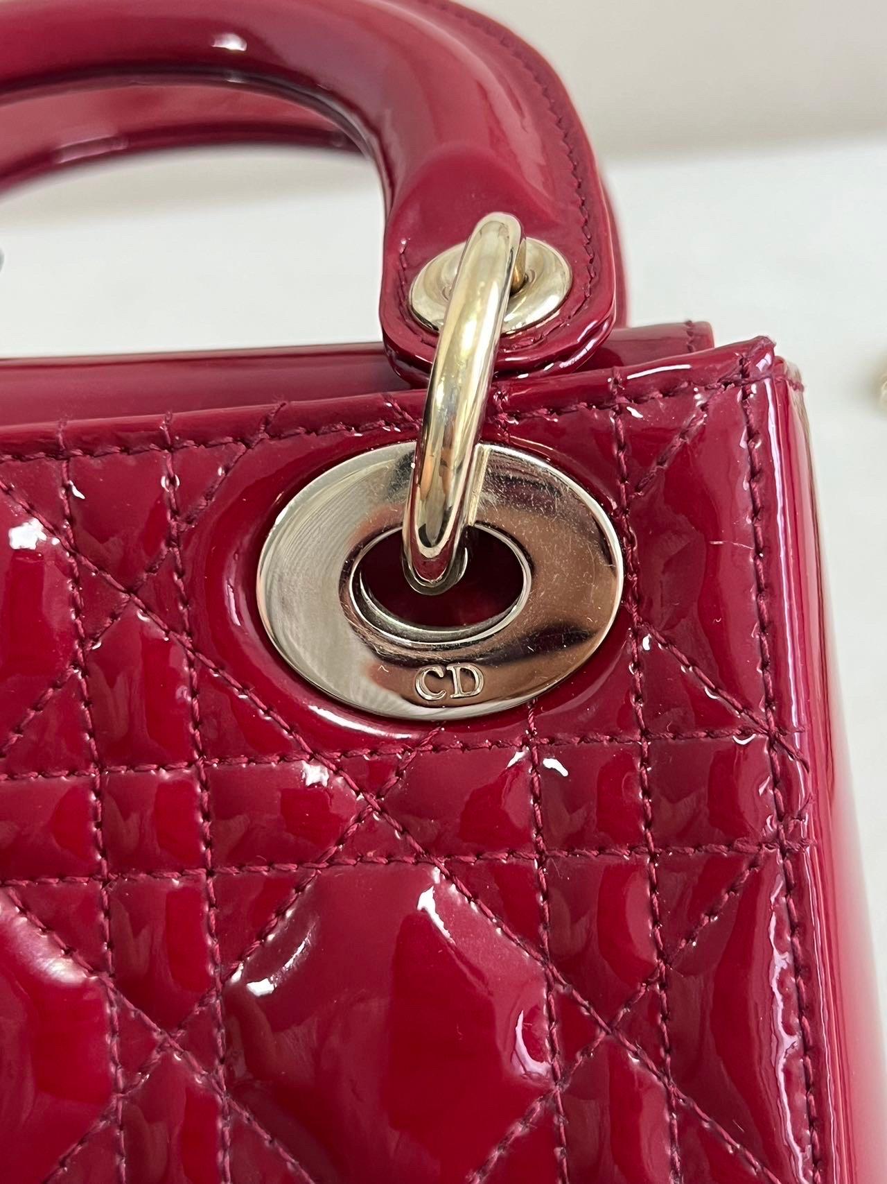 Lady Dior Mini Handbag Burgundy Red Patent Leather Gold-tone Chain Strap 2020 For Sale 9