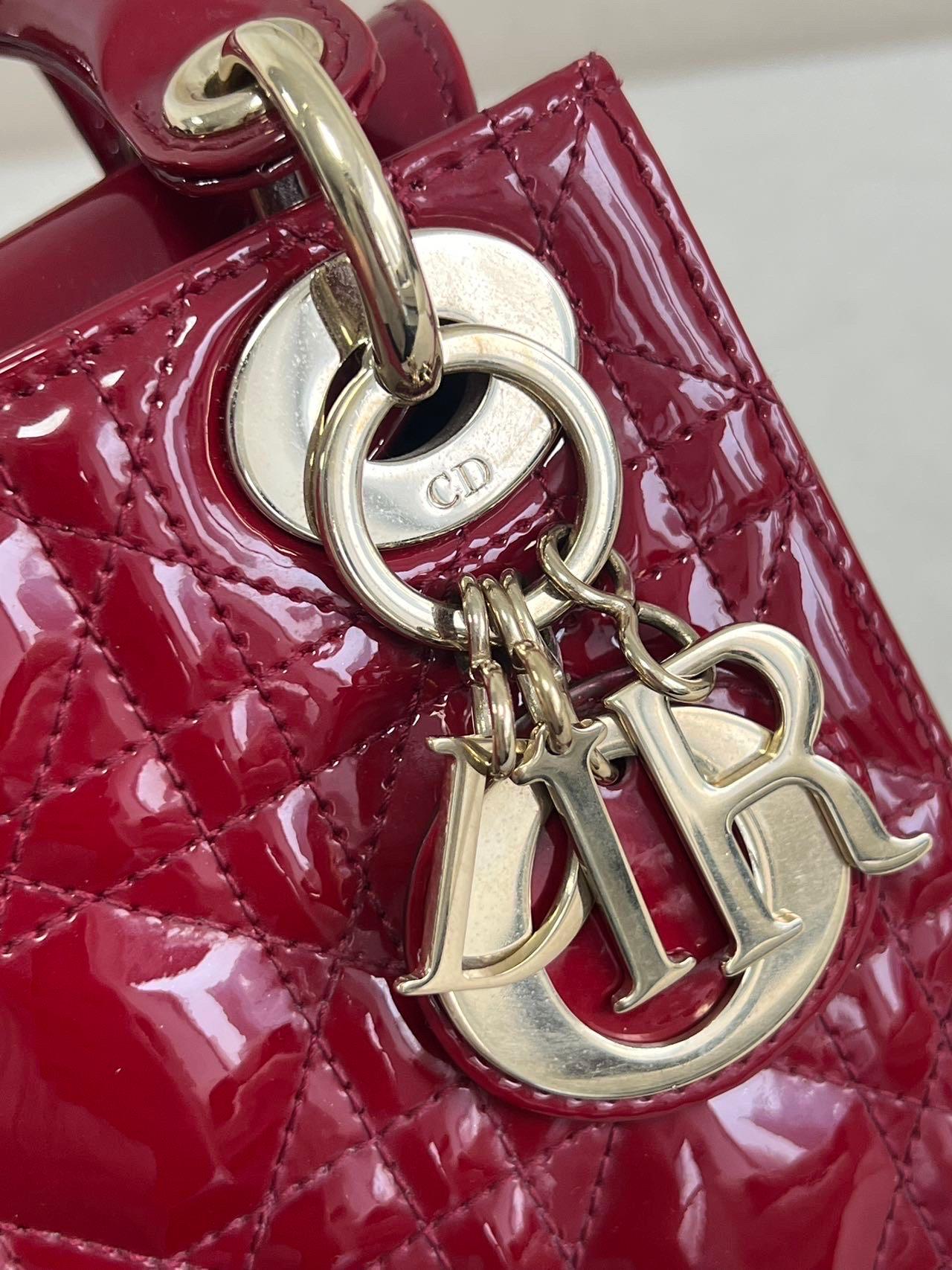 Lady Dior Mini Handbag Burgundy Red Patent Leather Gold-tone Chain Strap 2020 For Sale 11