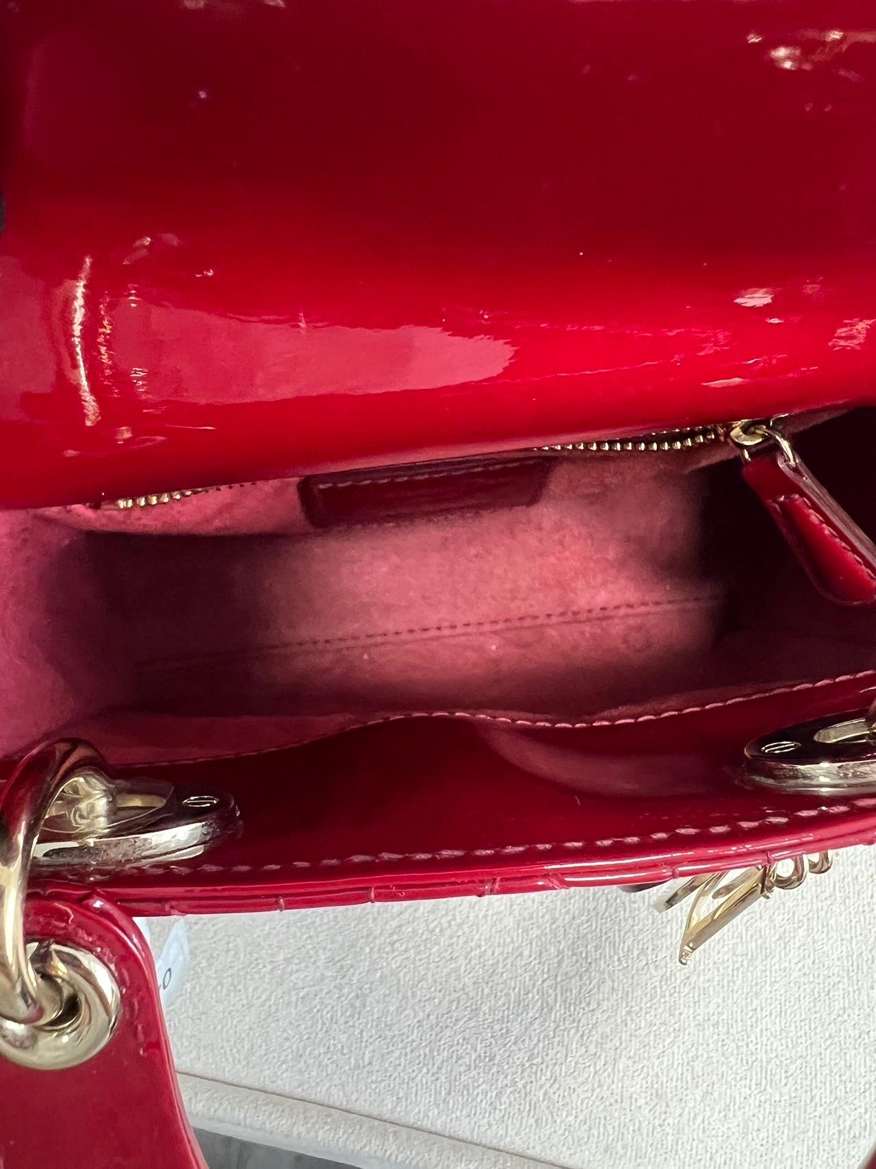 Lady Dior Mini Handbag Burgundy Red Patent Leather Gold-tone Chain Strap 2020 For Sale 16