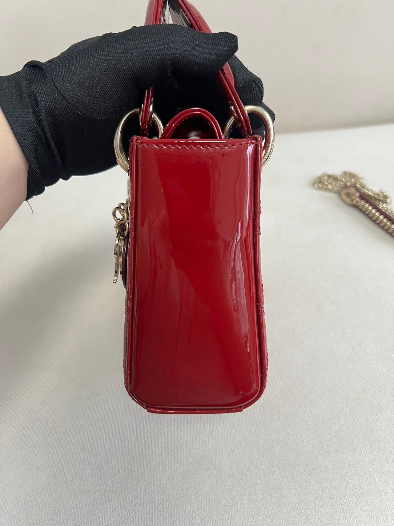 Lady Dior Mini Handbag Burgundy Red Patent Leather Gold-tone Chain Strap 2020 For Sale 1