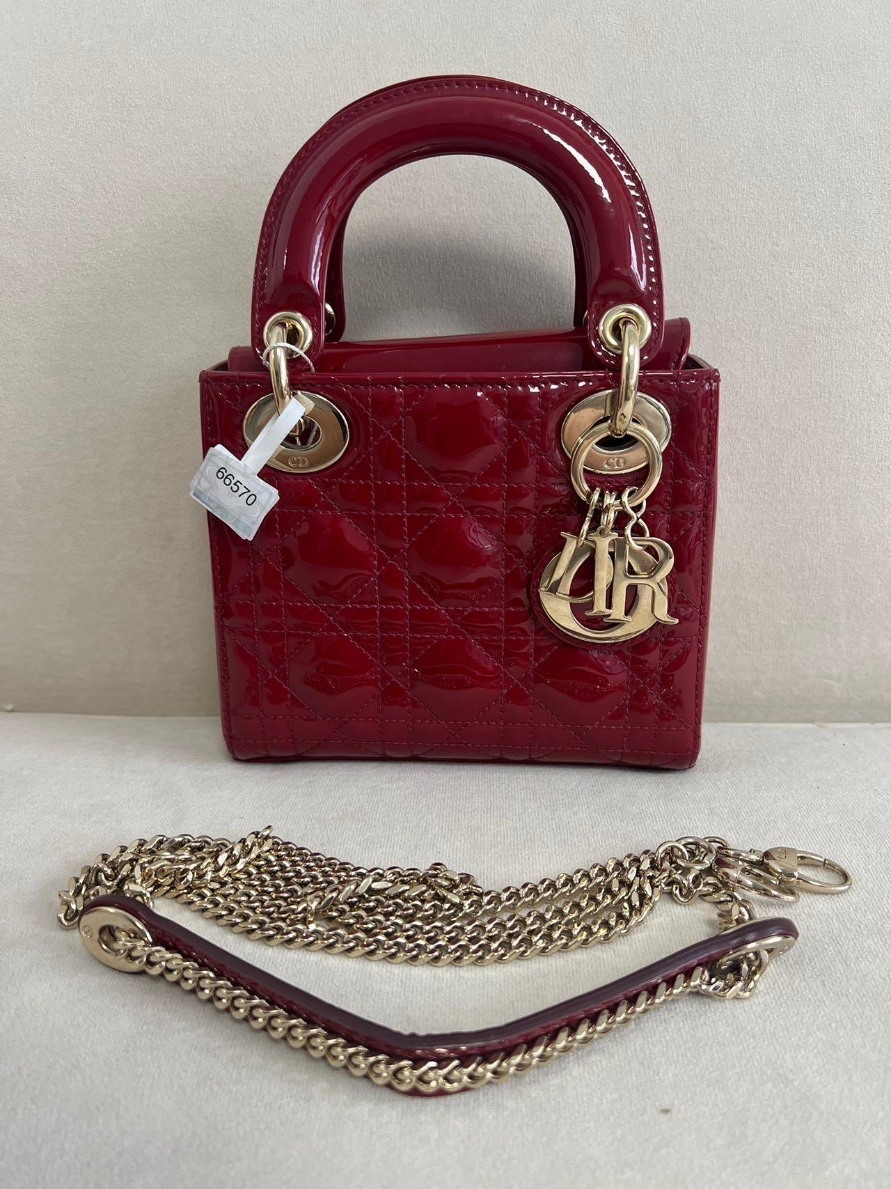 Lady Dior Mini Handbag Burgundy Red Patent Leather Gold-tone Chain Strap 2020 For Sale