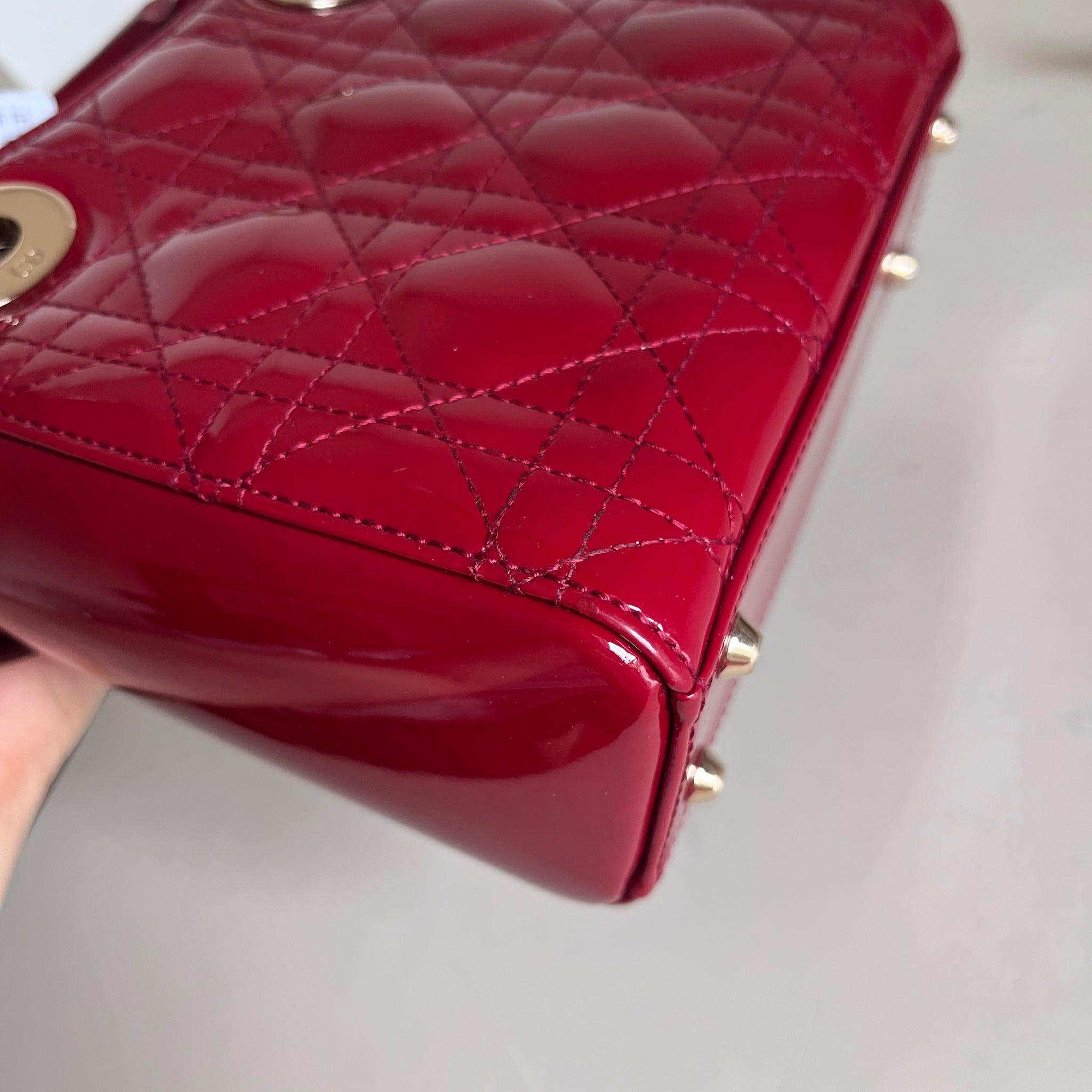 Lady Dior Mini Handbag Burgundy Red Patent Leather Gold-tone Chain Strap 6