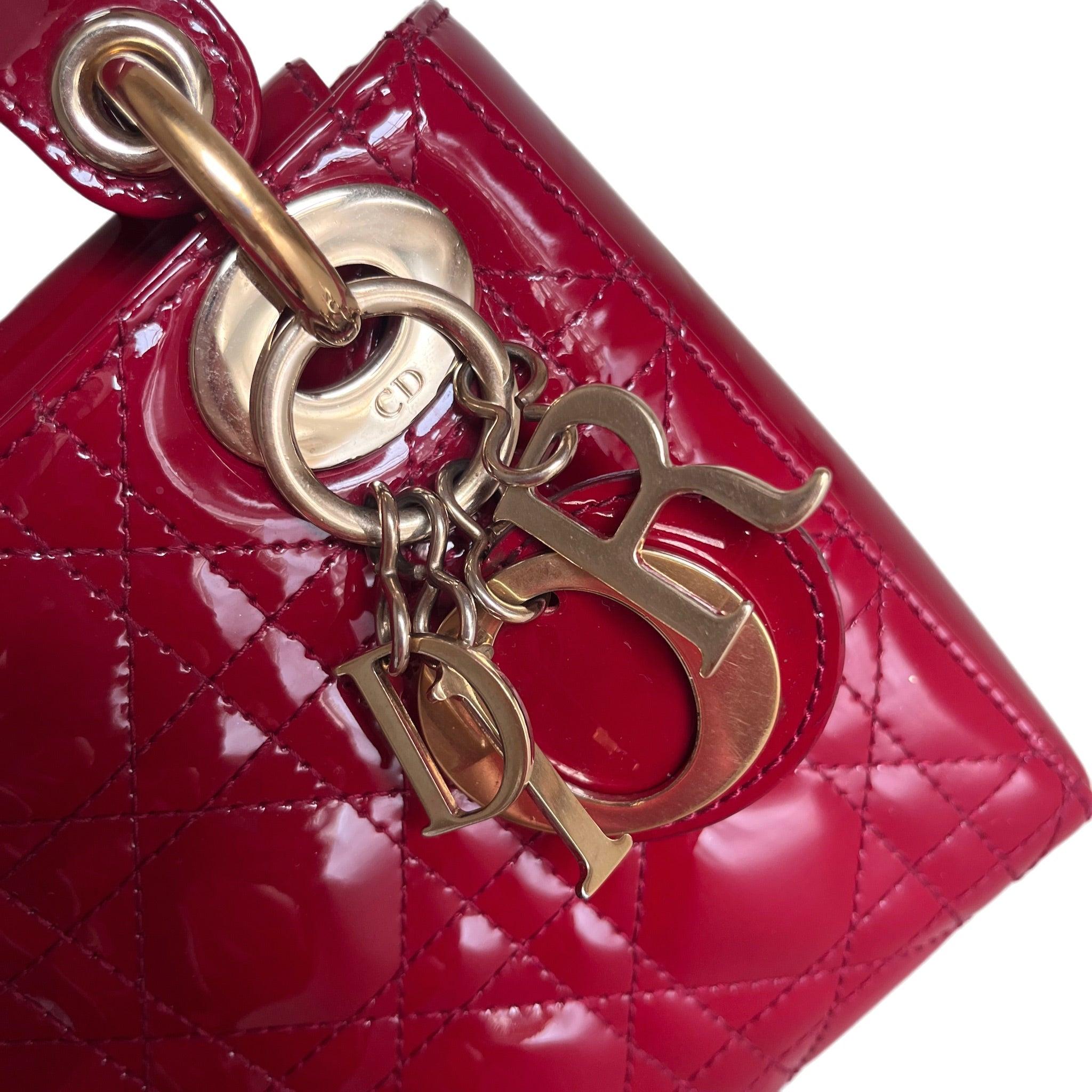 Lady Dior Mini Handbag Burgundy Red Patent Leather Gold-tone Chain Strap 7