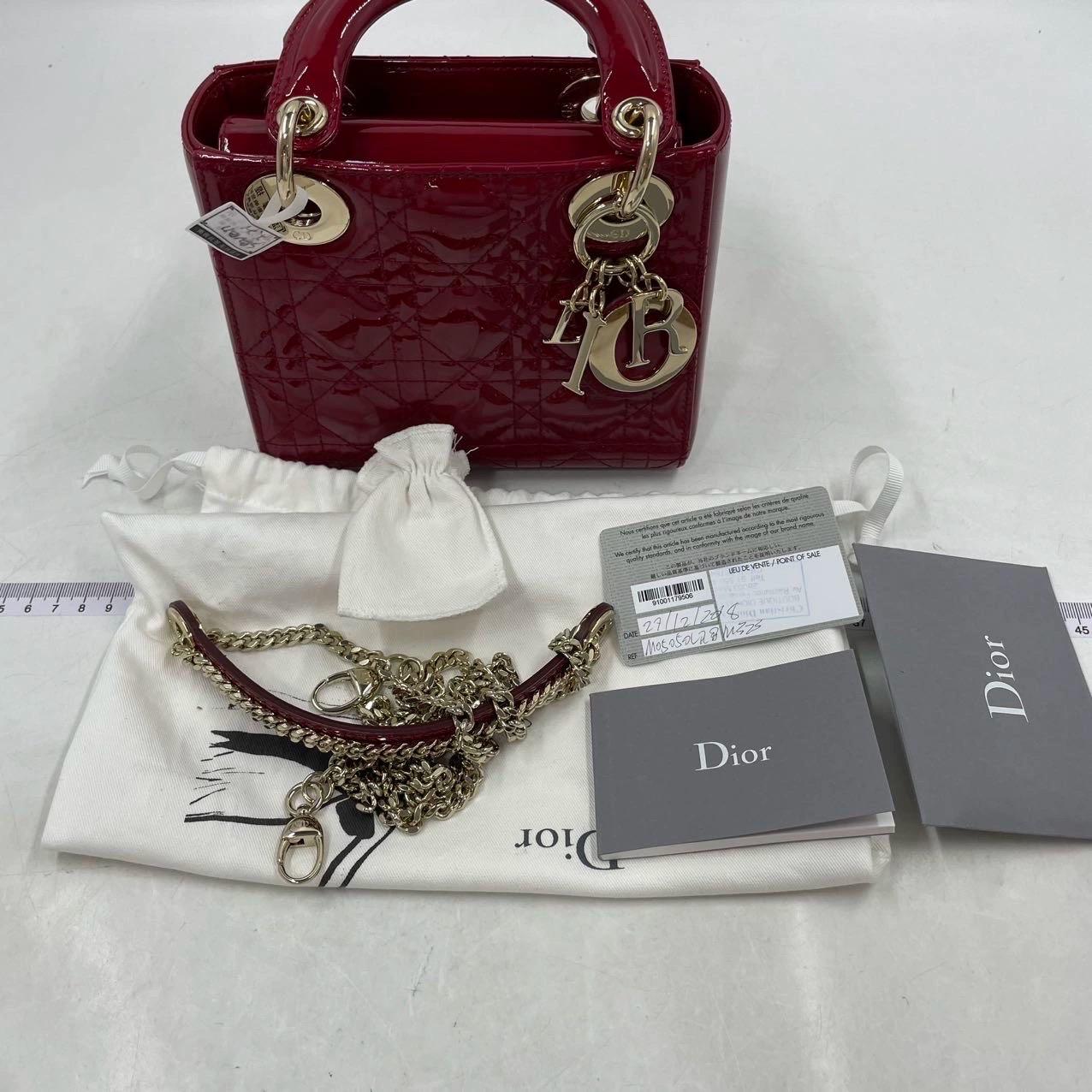 Lady Dior Mini Handbag Burgundy Red Patent Leather Gold-tone Chain Strap 7