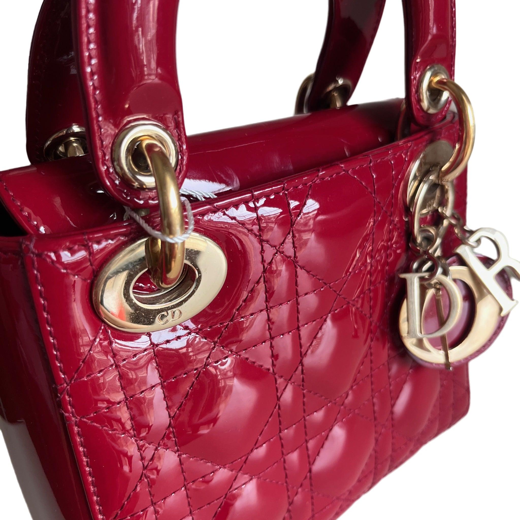 Lady Dior Mini Handbag Burgundy Red Patent Leather Gold-tone Chain Strap 8