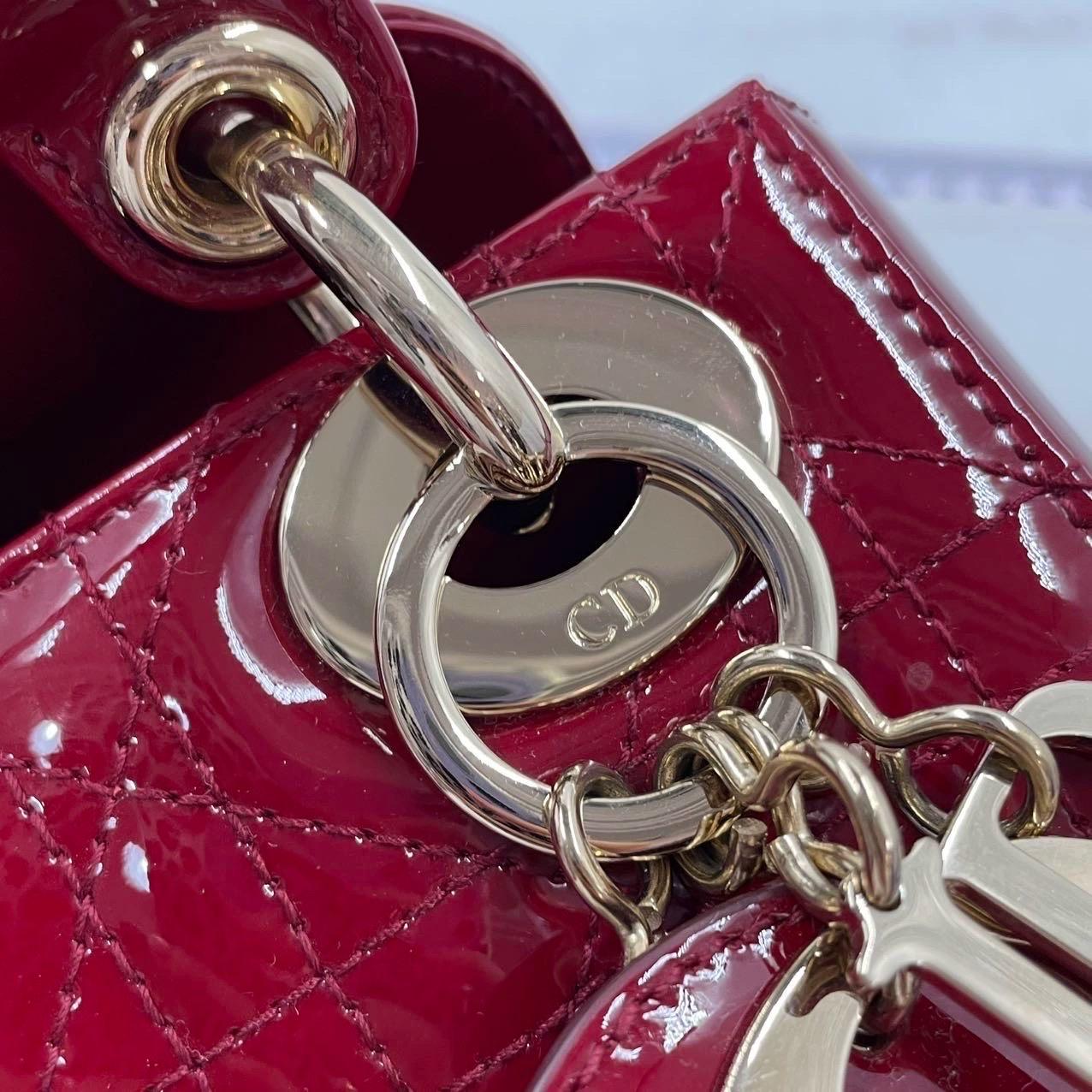 Lady Dior Mini Handbag Burgundy Red Patent Leather Gold-tone Chain Strap 8