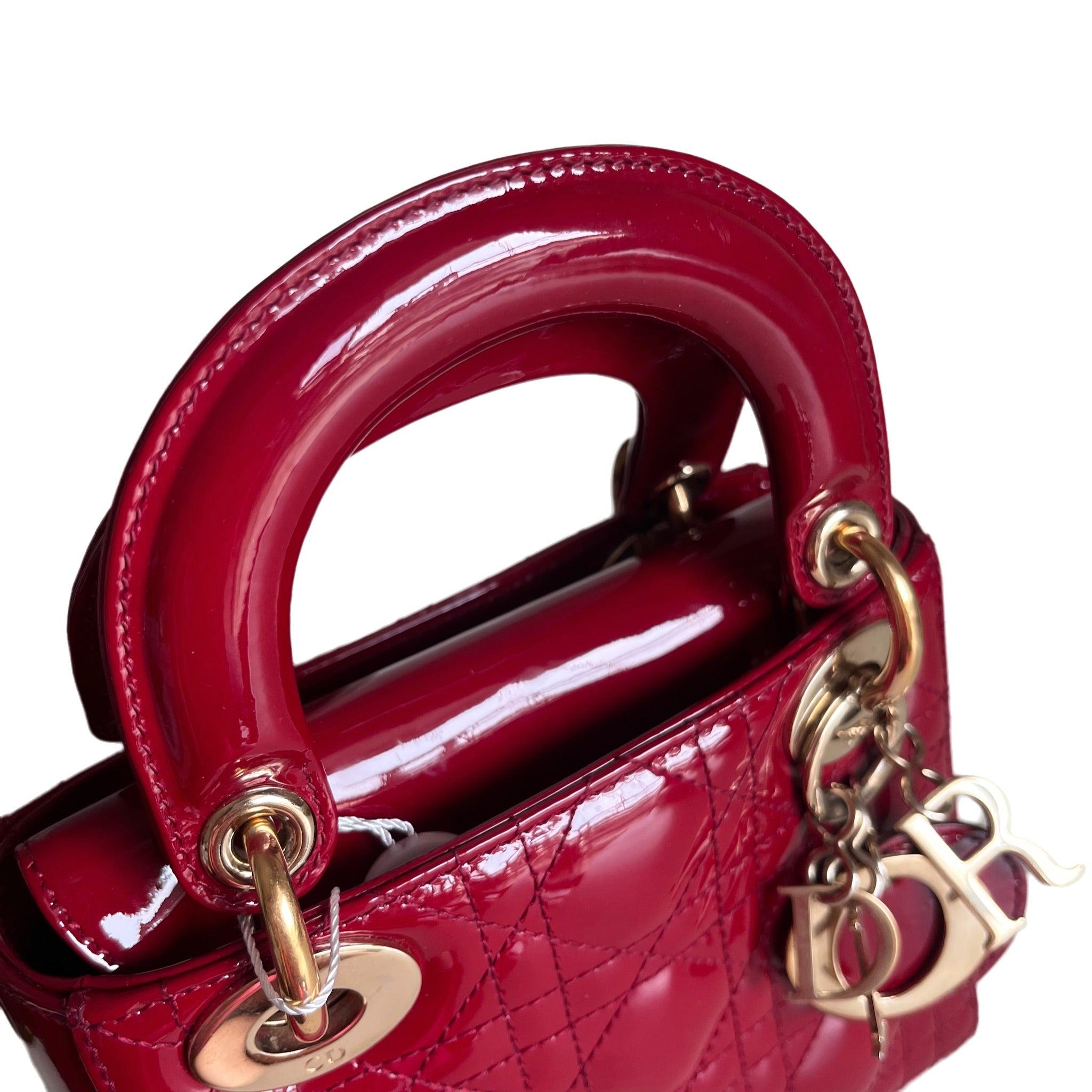 Lady Dior Mini Handbag Burgundy Red Patent Leather Gold-tone Chain Strap 9
