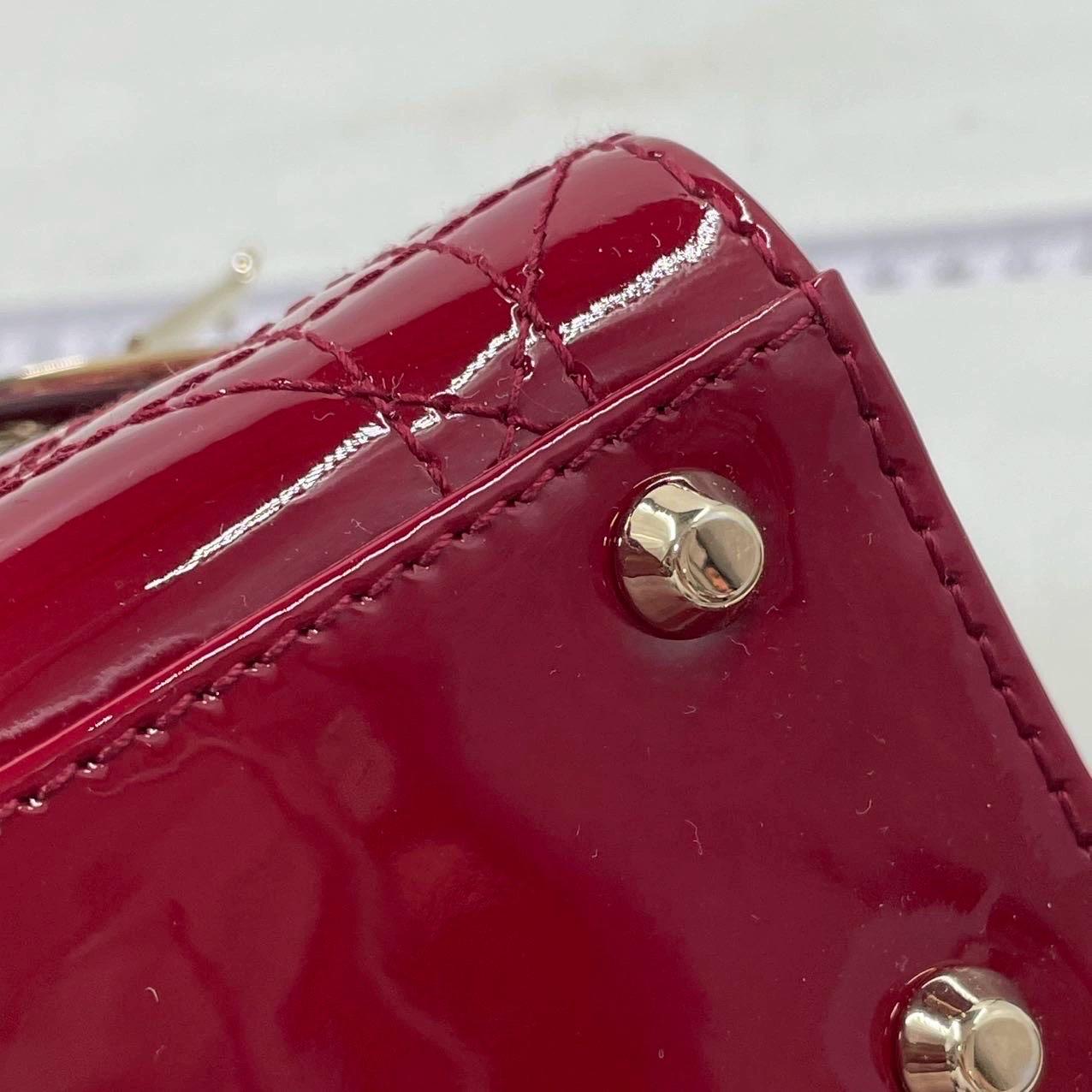 Lady Dior Mini Handbag Burgundy Red Patent Leather Gold-tone Chain Strap 9