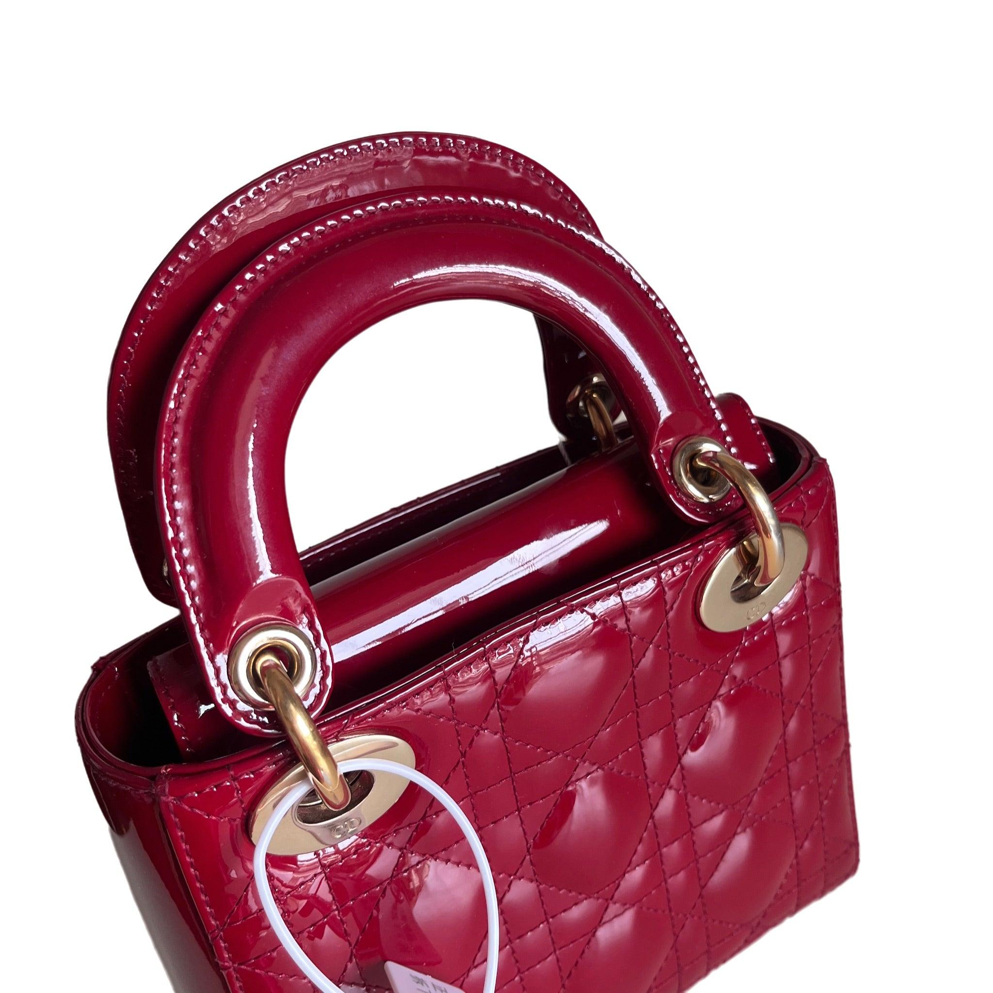 Lady Dior Mini Handbag Burgundy Red Patent Leather Gold-tone Chain Strap 10