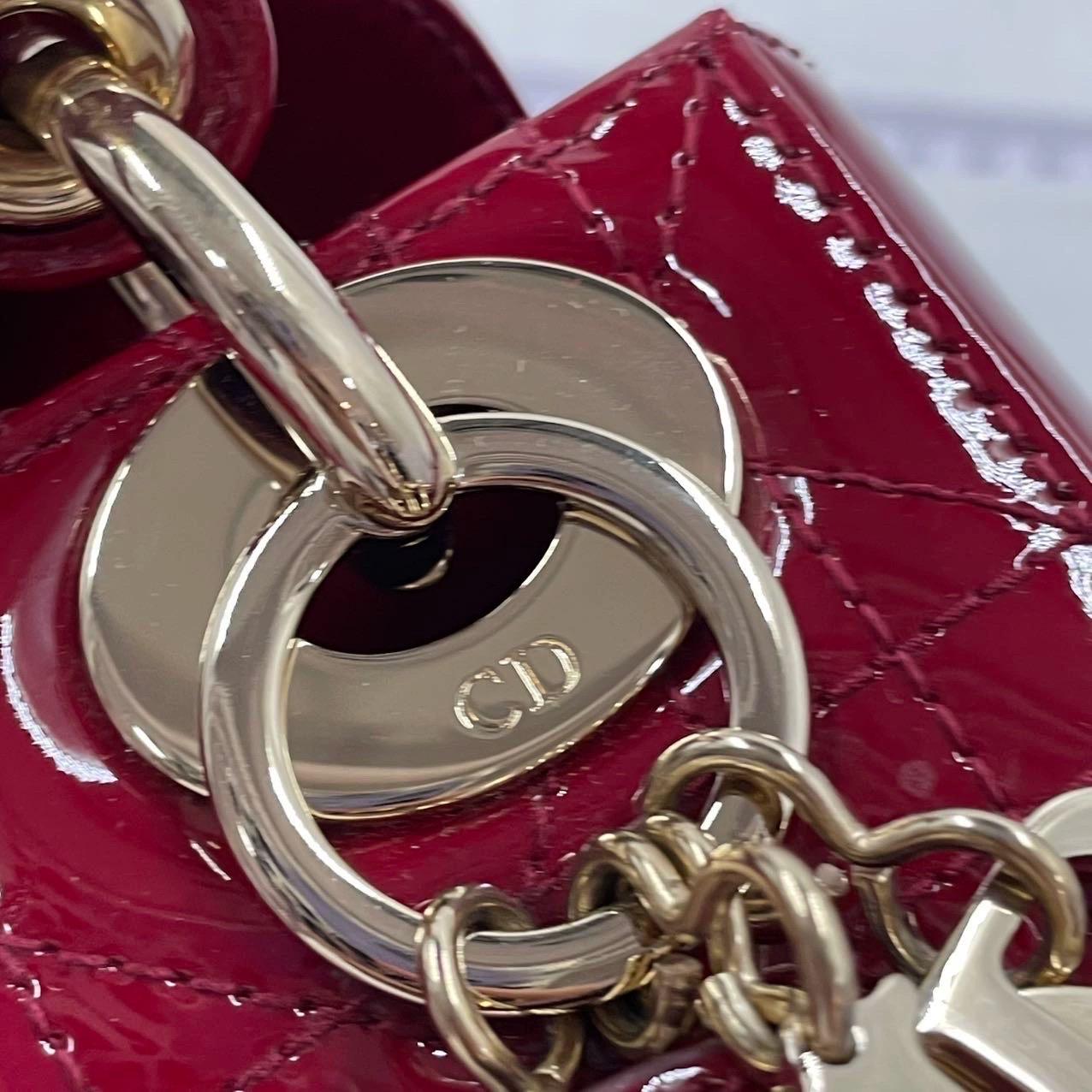 Lady Dior Mini Handbag Burgundy Red Patent Leather Gold-tone Chain Strap 10