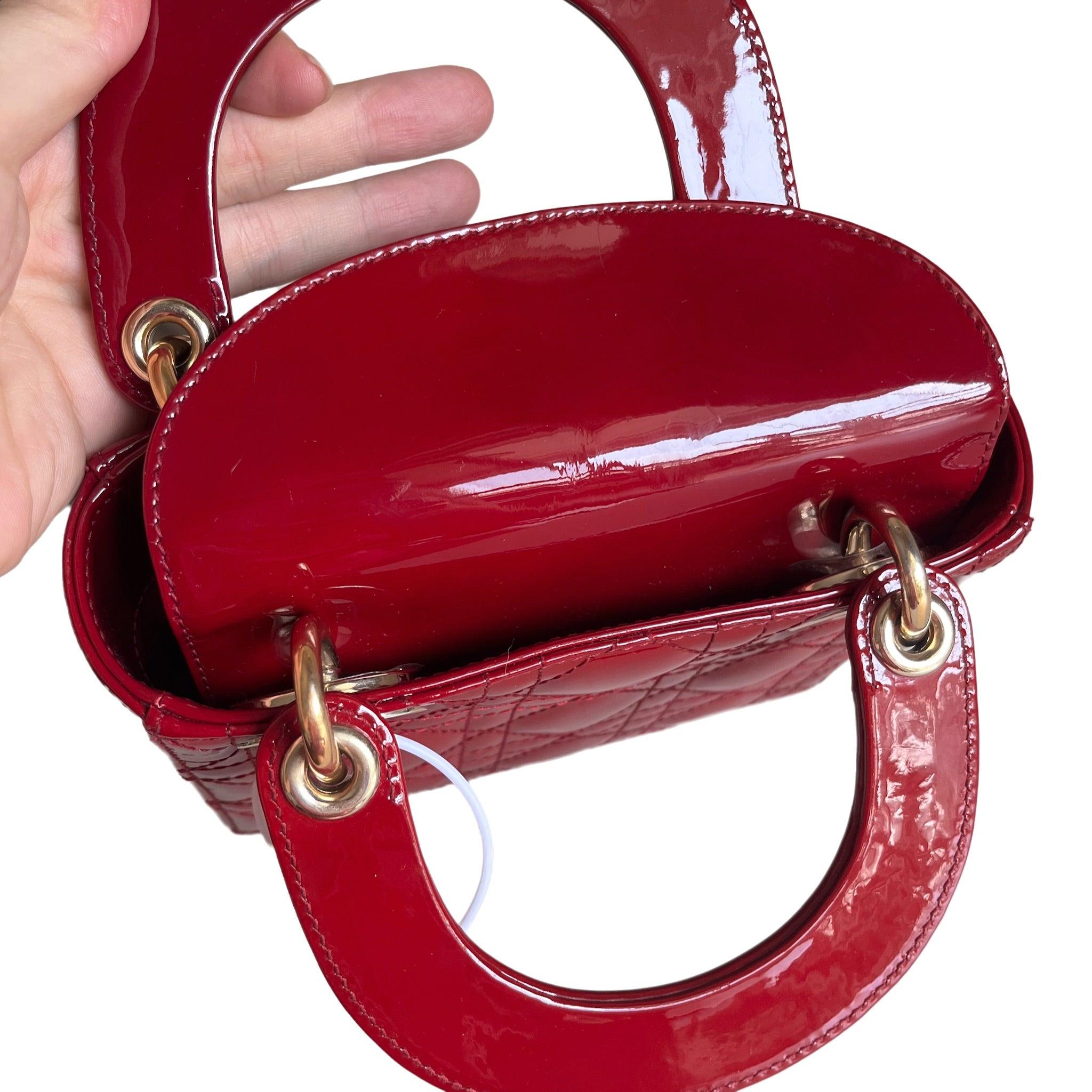 Lady Dior Mini Handbag Burgundy Red Patent Leather Gold-tone Chain Strap 11