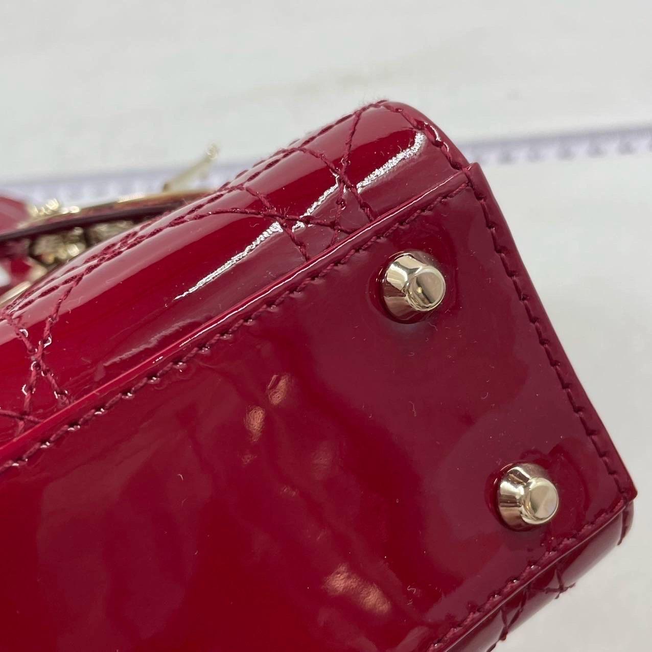 Lady Dior Mini Handbag Burgundy Red Patent Leather Gold-tone Chain Strap 11