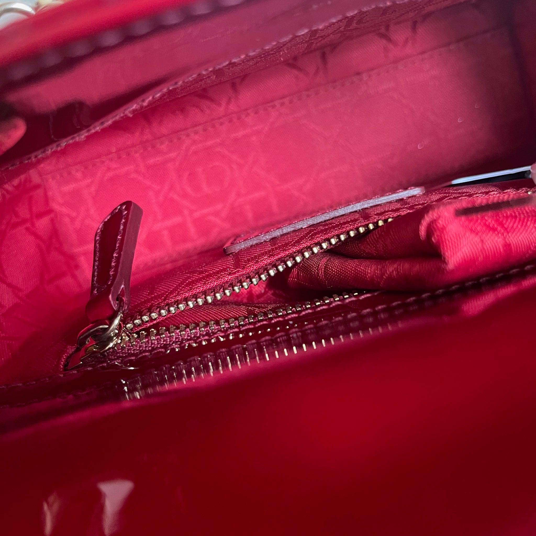Lady Dior Mini Handbag Burgundy Red Patent Leather Gold-tone Chain Strap 12
