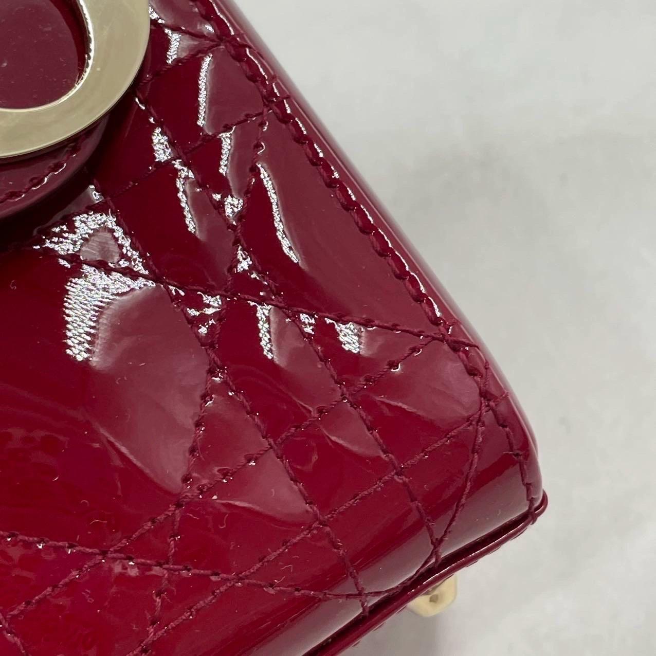 Lady Dior Mini Handbag Burgundy Red Patent Leather Gold-tone Chain Strap 12