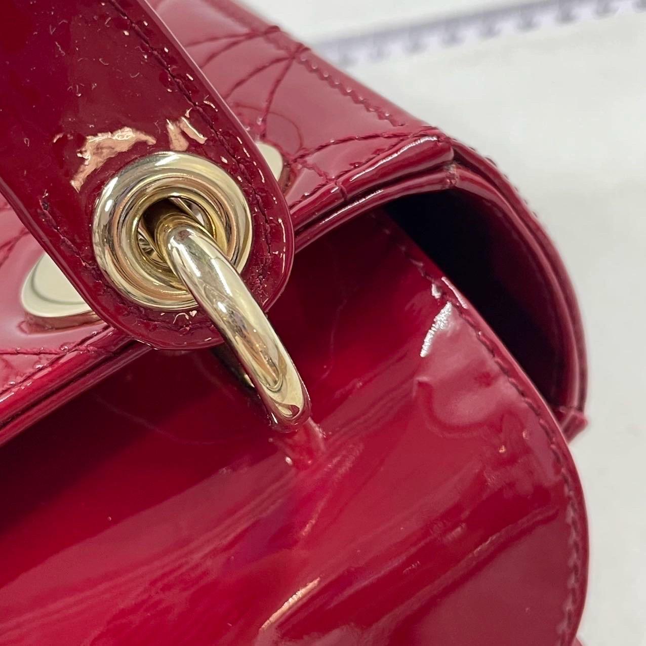 Lady Dior Mini Handbag Burgundy Red Patent Leather Gold-tone Chain Strap 13