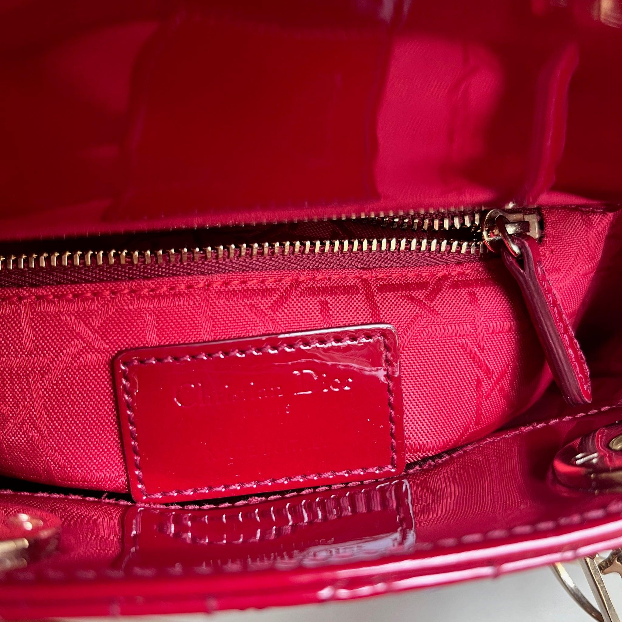 Lady Dior Mini Handbag Burgundy Red Patent Leather Gold-tone Chain Strap 14