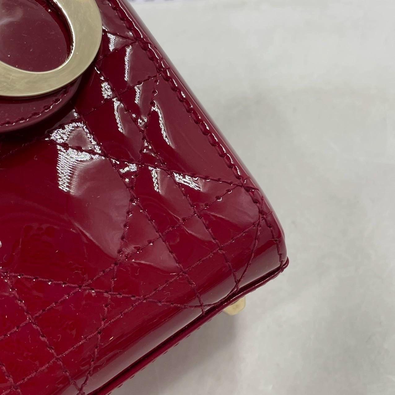Lady Dior Mini Handbag Burgundy Red Patent Leather Gold-tone Chain Strap 15