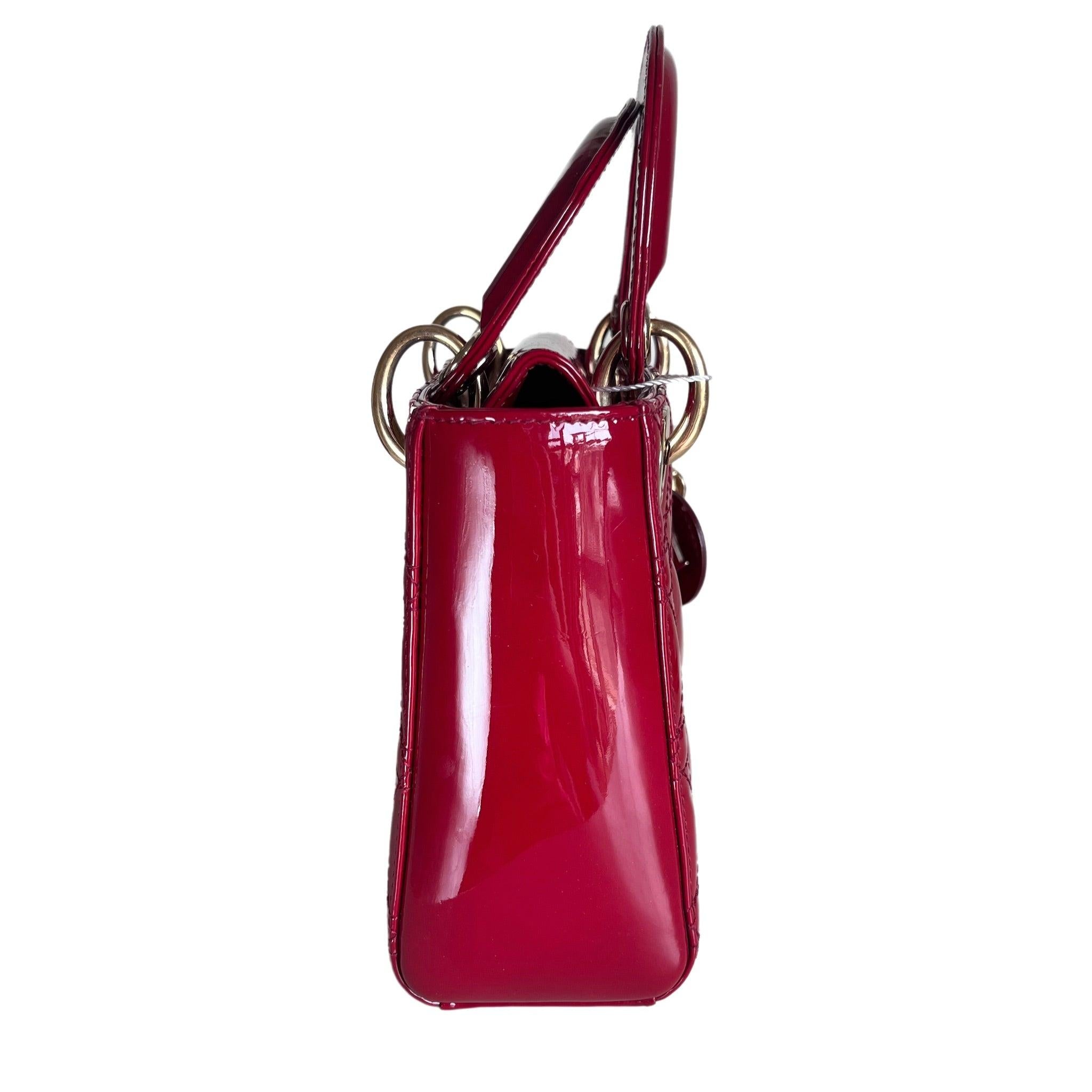 Lady Dior Mini Handbag Burgundy Red Patent Leather Gold-tone Chain Strap In Excellent Condition In AUBERVILLIERS, FR