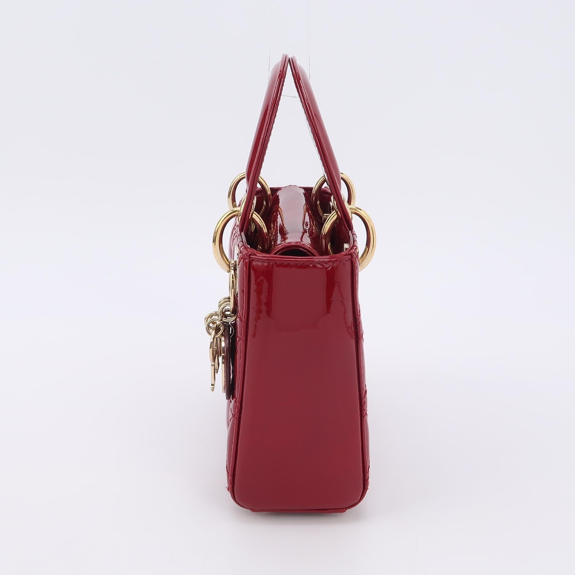 Lady Dior Mini Handbag Burgundy Red Patent Leather Gold-tone Chain Strap In Excellent Condition In AUBERVILLIERS, FR