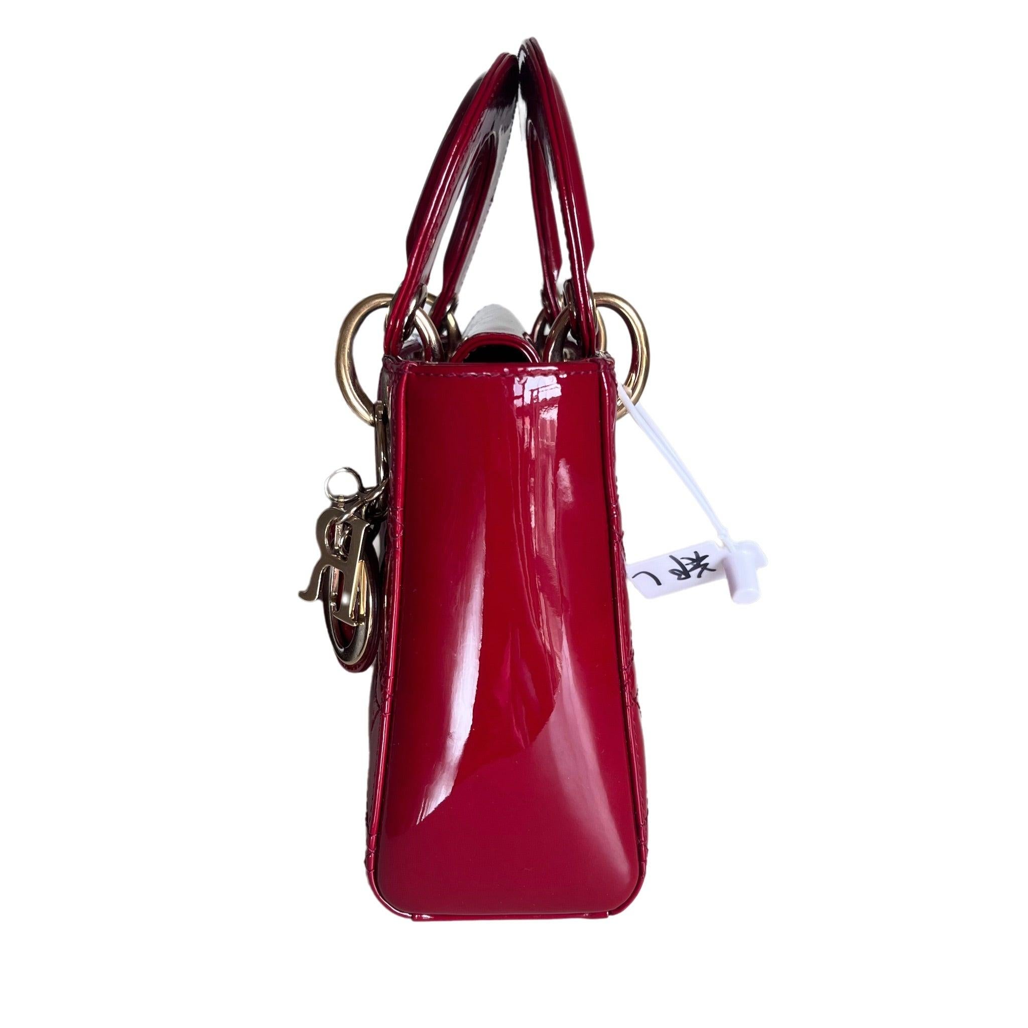 Women's Lady Dior Mini Handbag Burgundy Red Patent Leather Gold-tone Chain Strap