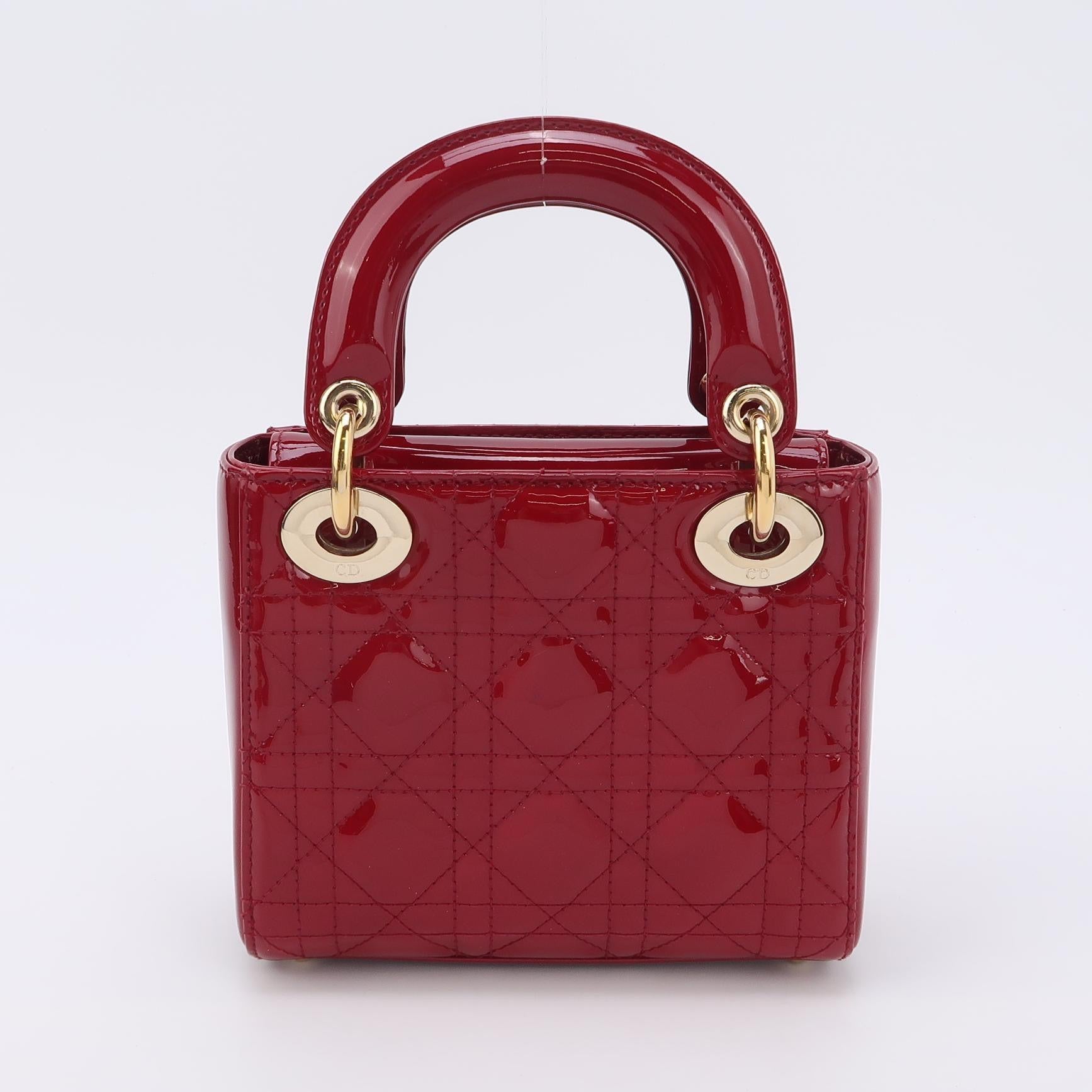 Lady Dior Mini Handbag Burgundy Red Patent Leather Gold-tone Chain Strap 1