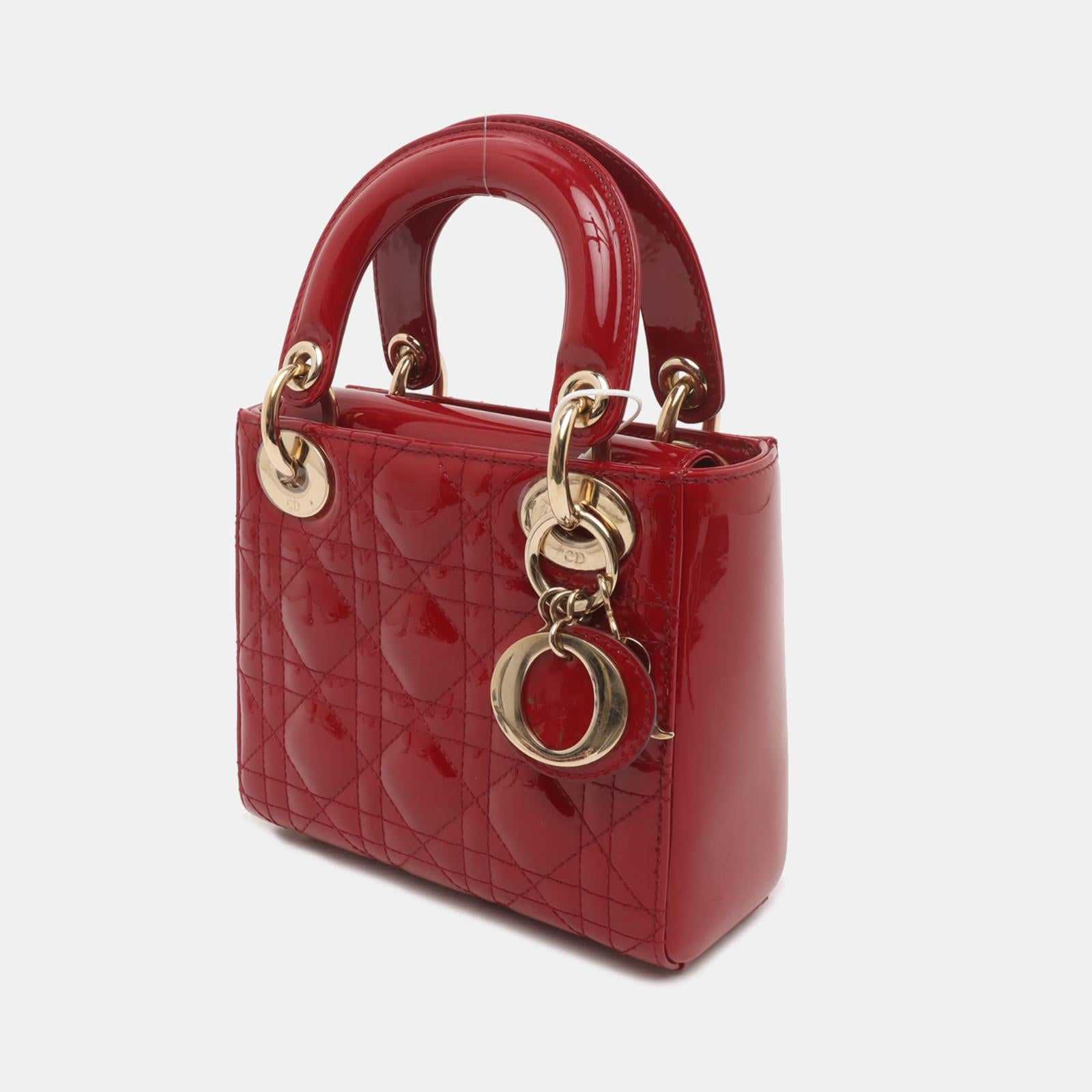 Donna Mini borsa Lady Dior in pelle verniciata rosso borgogna con tracolla a catena dorata