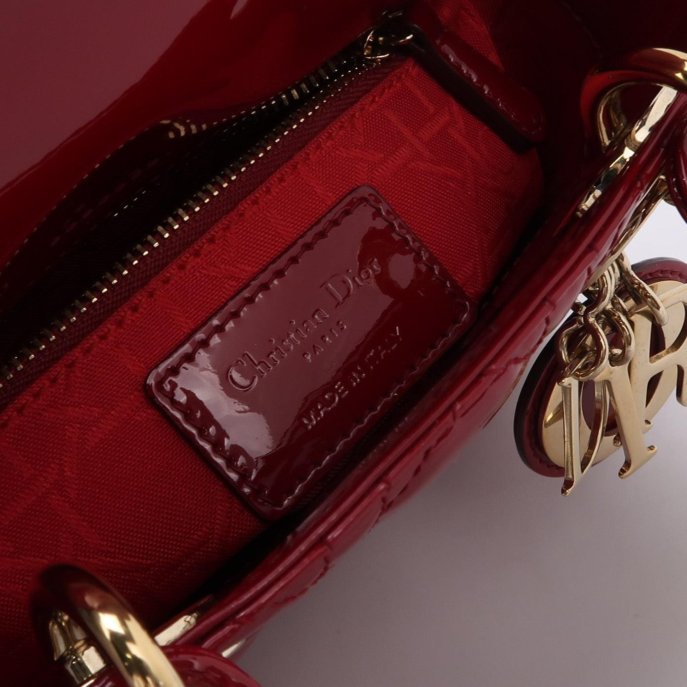Lady Dior Mini Handbag Burgundy Red Patent Leather Gold-tone Chain Strap 2