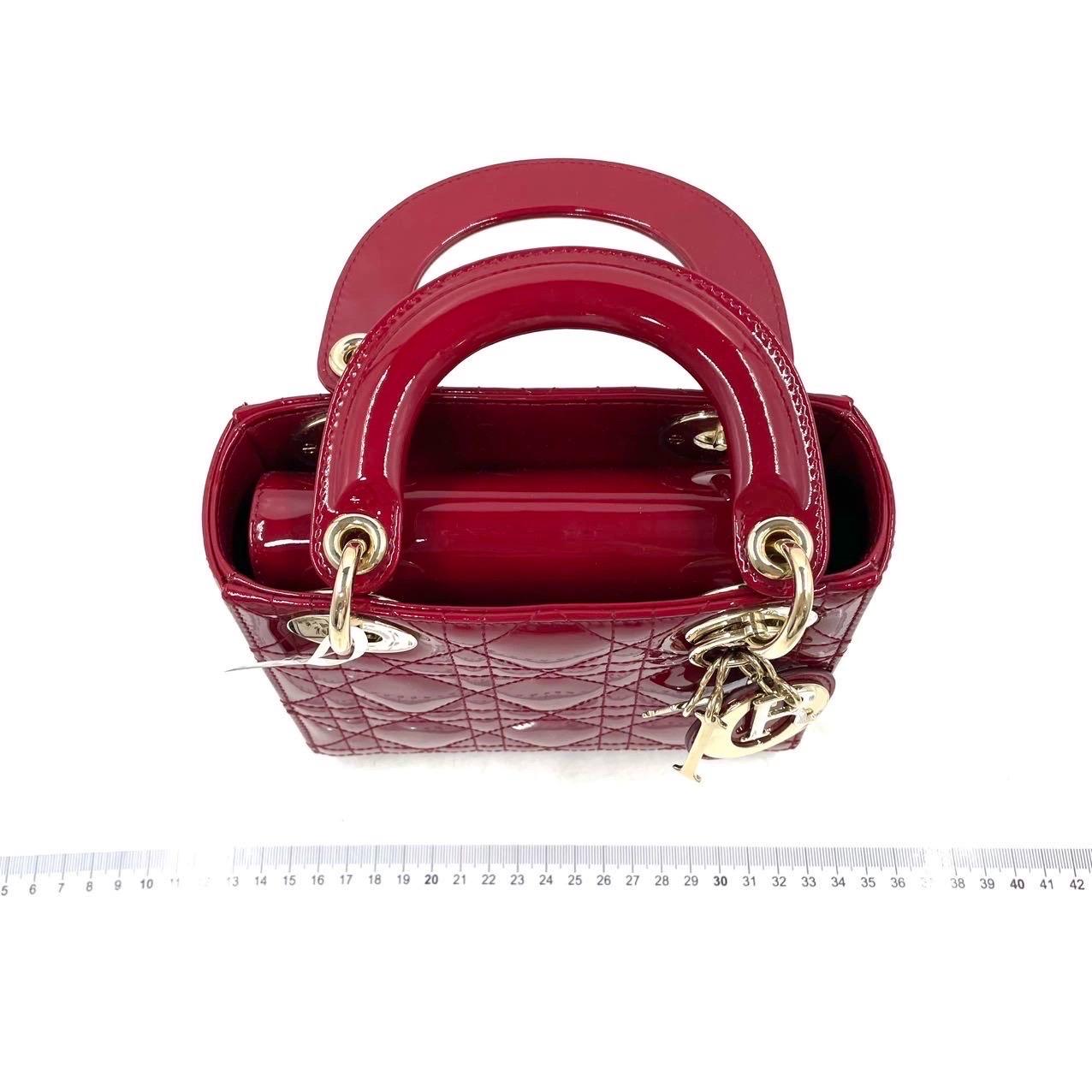 Lady Dior Mini Handbag Burgundy Red Patent Leather Gold-tone Chain Strap 2