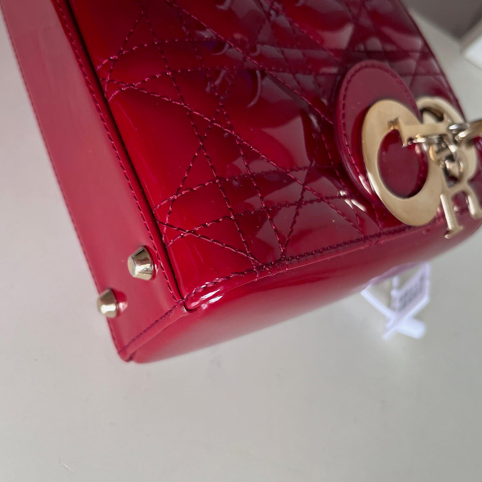 Lady Dior Mini Handbag Burgundy Red Patent Leather Gold-tone Chain Strap 3