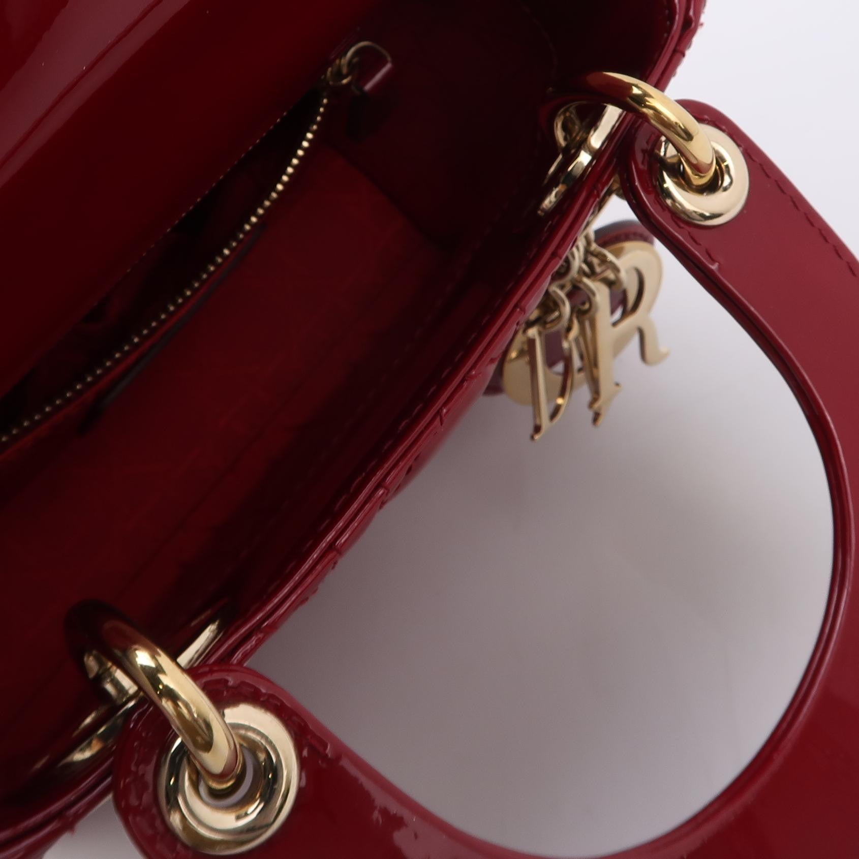 Lady Dior Mini Handbag Burgundy Red Patent Leather Gold-tone Chain Strap 3