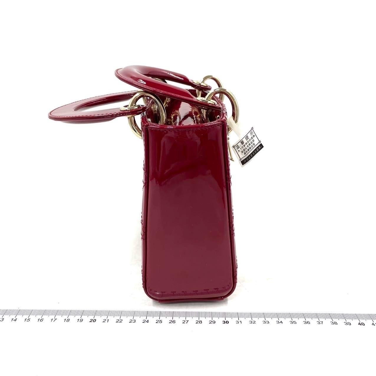 Lady Dior Mini Handbag Burgundy Red Patent Leather Gold-tone Chain Strap 3