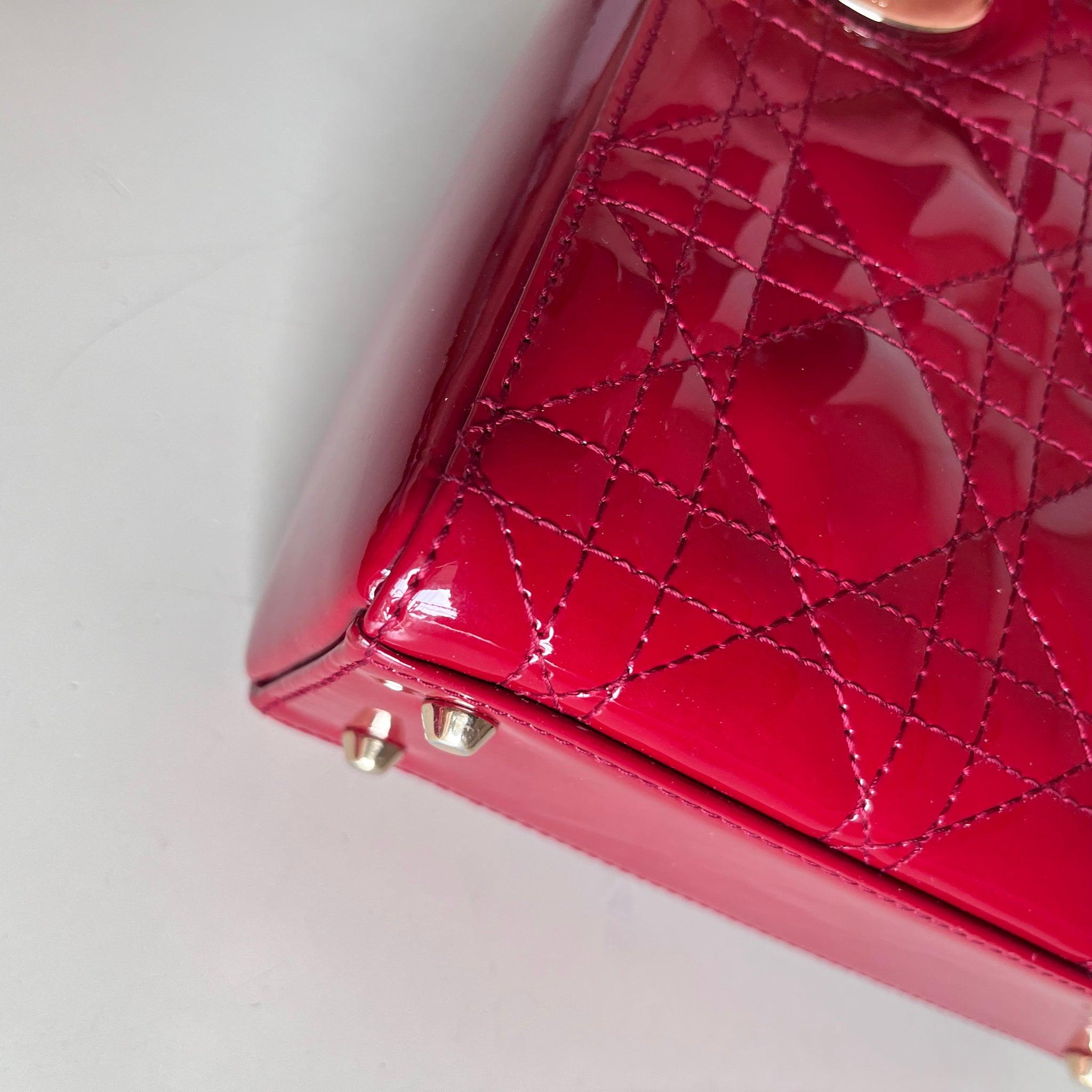 Lady Dior Mini Handbag Burgundy Red Patent Leather Gold-tone Chain Strap 4
