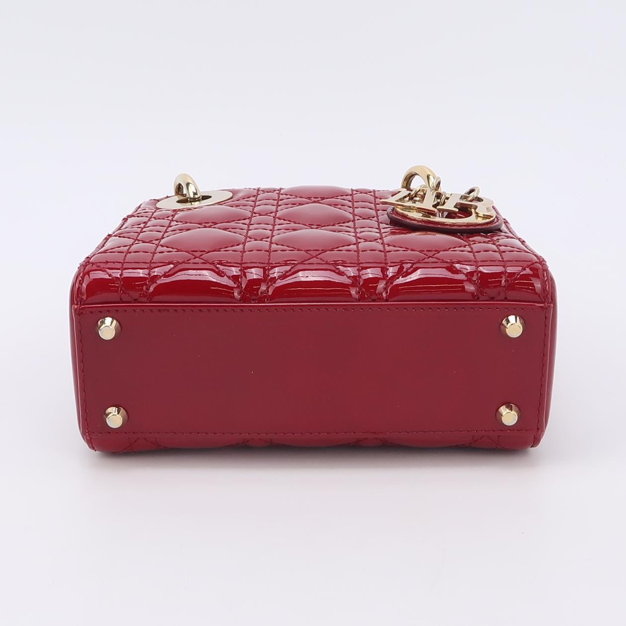 Lady Dior Mini Handbag Burgundy Red Patent Leather Gold-tone Chain Strap 4
