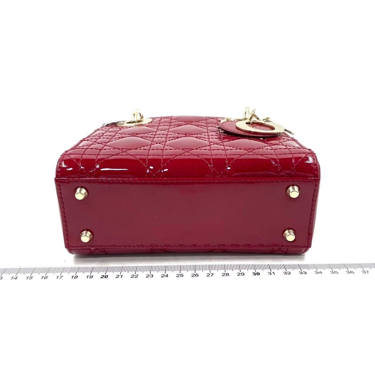 Lady Dior Mini Handbag Burgundy Red Patent Leather Gold-tone Chain Strap 4
