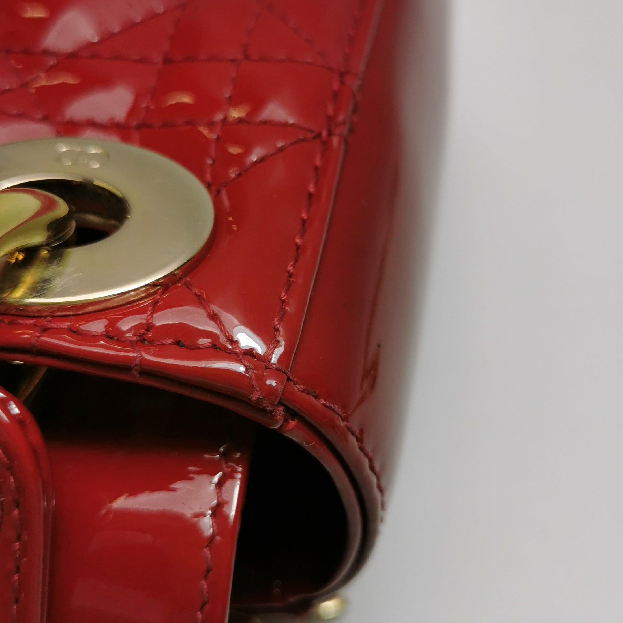Lady Dior Mini Handbag Burgundy Red Patent Leather Gold-tone Chain Strap 5
