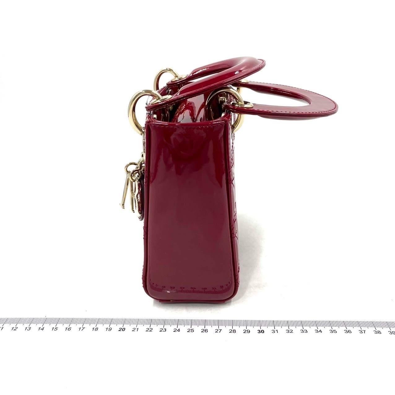 Lady Dior Mini Handbag Burgundy Red Patent Leather Gold-tone Chain Strap 5