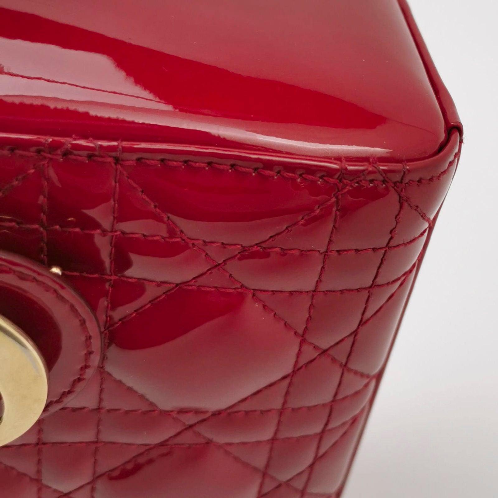 Lady Dior Mini Handbag Red Patent Leather Gold-tone Leather and Chain Strap For Sale 7