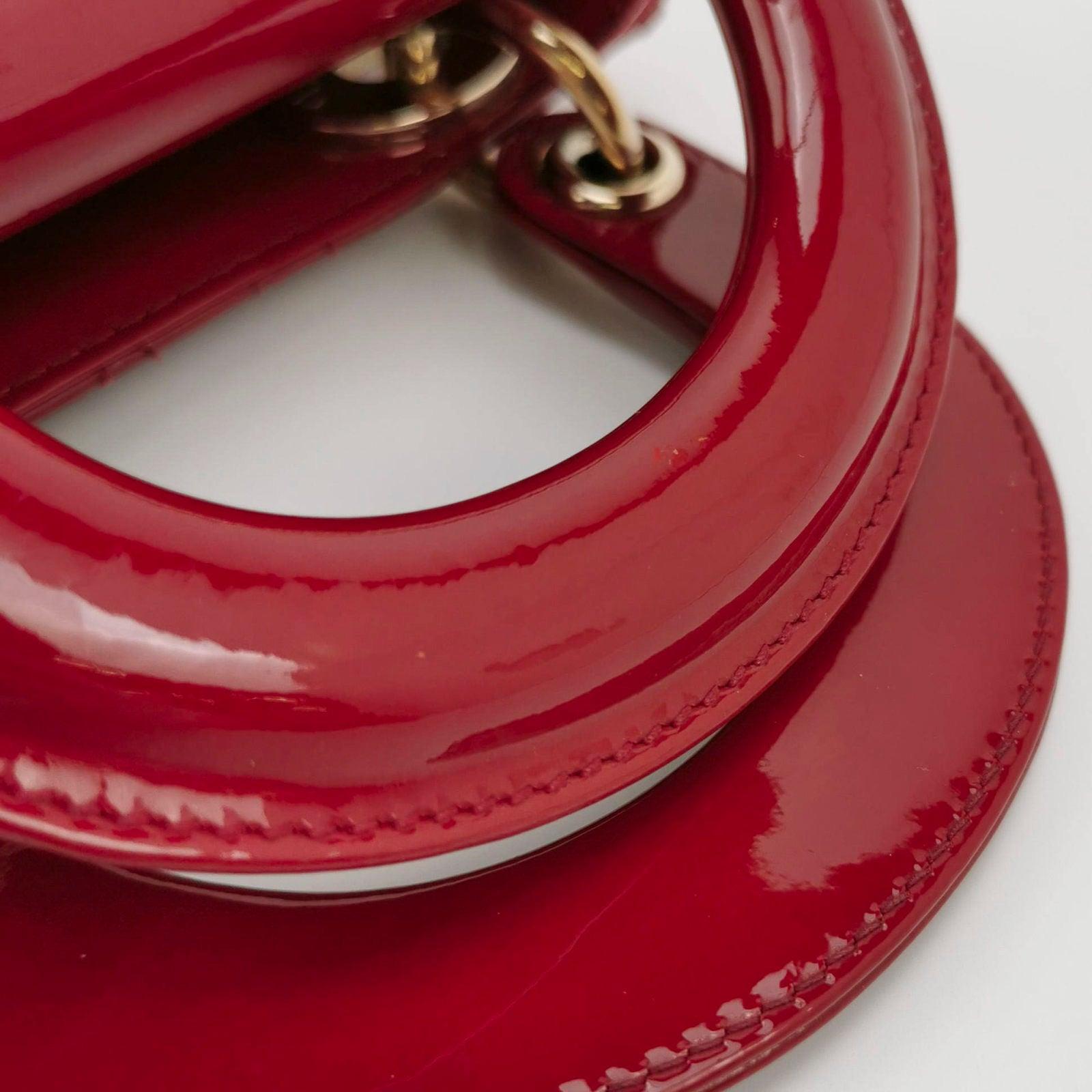 Lady Dior Mini Handbag Red Patent Leather Gold-tone Leather and Chain Strap For Sale 11