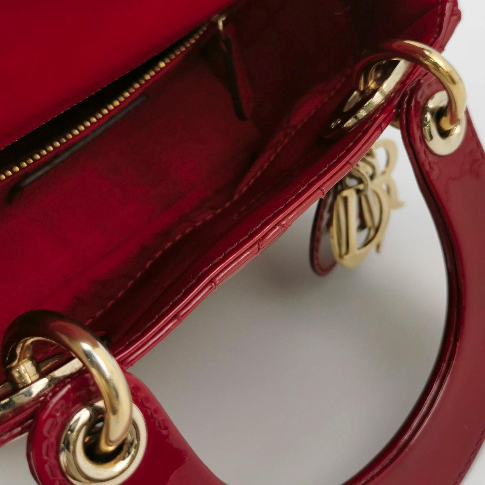 Women's Lady Dior Mini Handbag Red Patent Leather Gold-tone Leather and Chain Strap For Sale