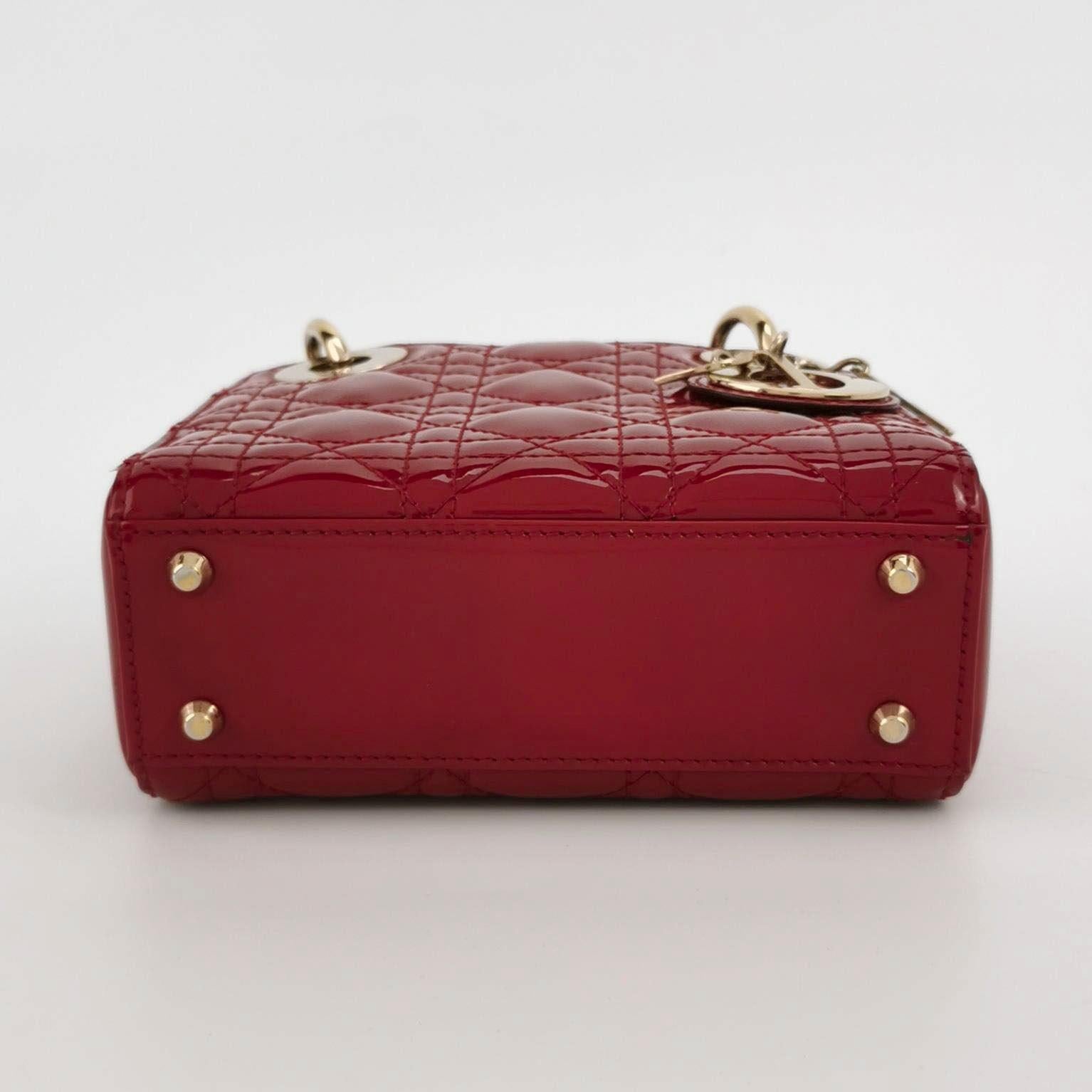 Lady Dior Mini Handbag Red Patent Leather Gold-tone Leather and Chain Strap For Sale 1