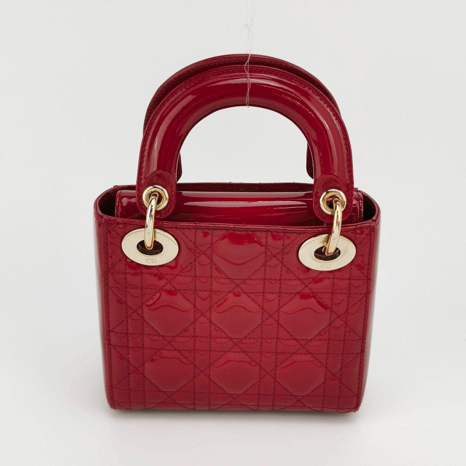 Lady Dior Mini Handbag Red Patent Leather Gold-tone Leather and Chain Strap For Sale 2
