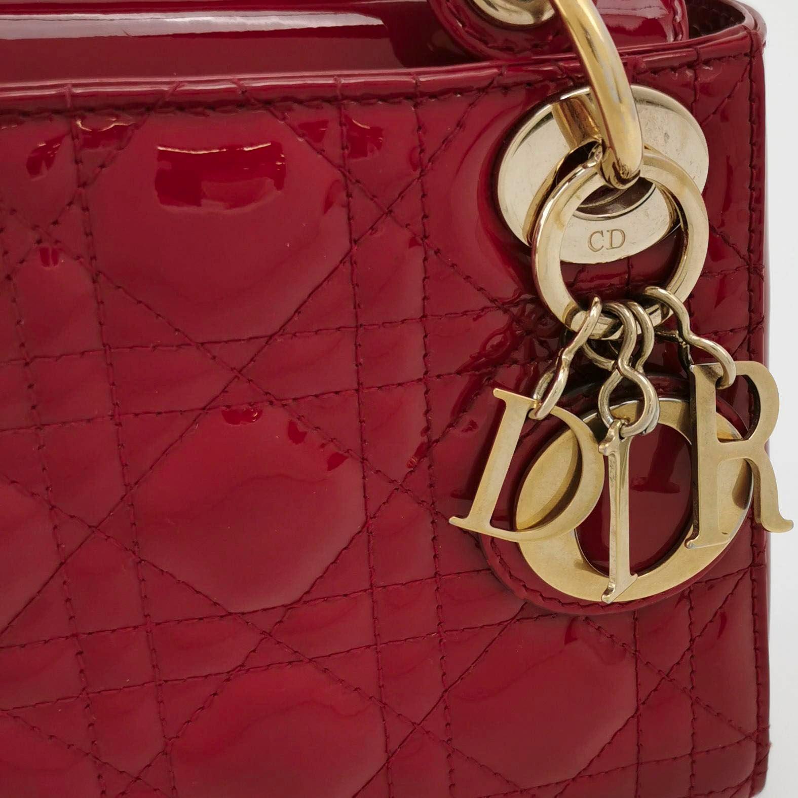 Lady Dior Mini Handbag Red Patent Leather Gold-tone Leather and Chain Strap For Sale 3