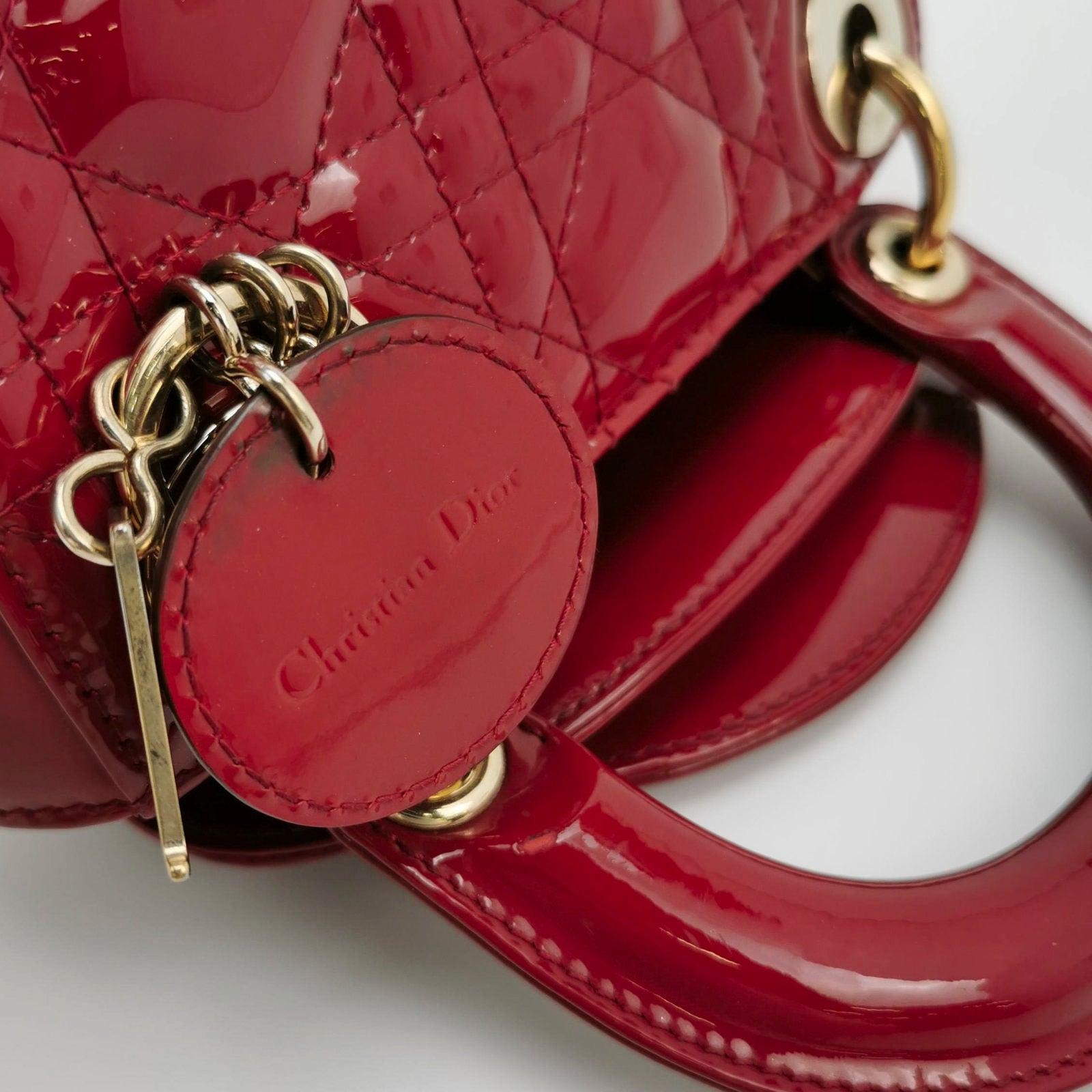 Lady Dior Mini Handbag Red Patent Leather Gold-tone Leather and Chain Strap For Sale 4